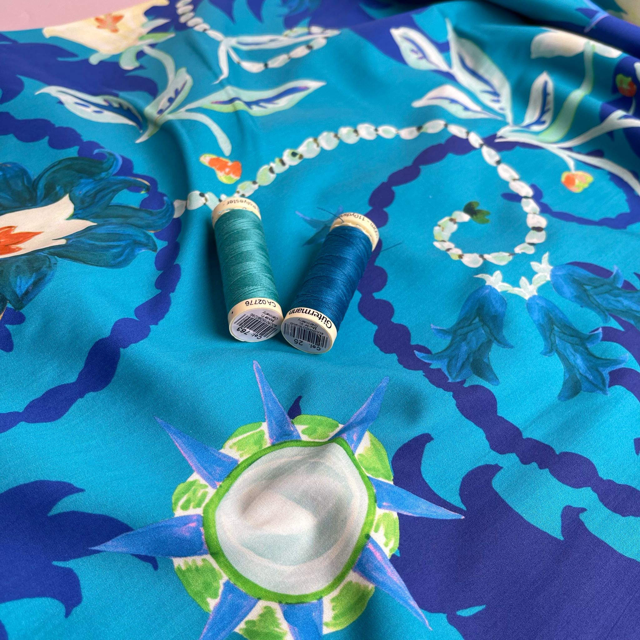 Ex-Designer Deadstock Tropical Turquoise Cotton Poplin Fabric