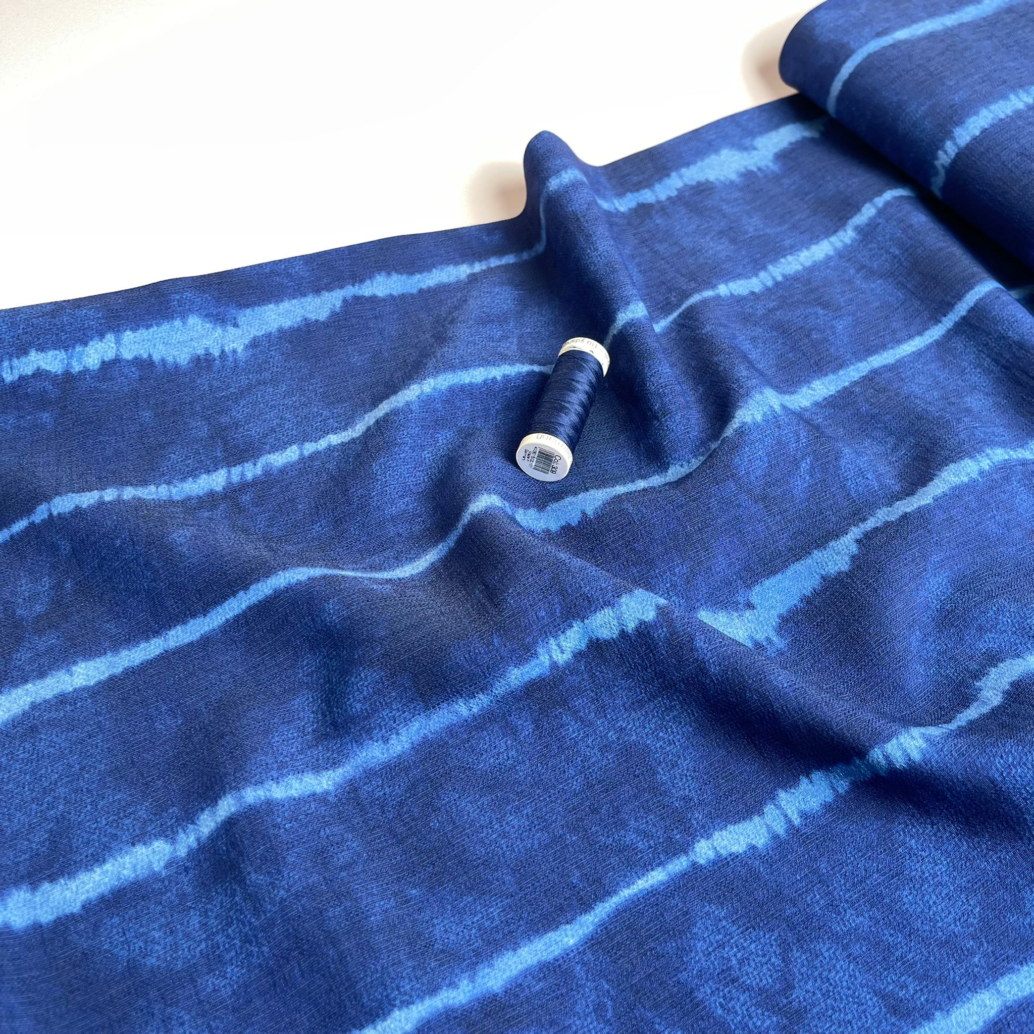 REMNANT 2.2 Metres - Tie Dye Stripes on Indigo Blue Textured Viscose Fabric