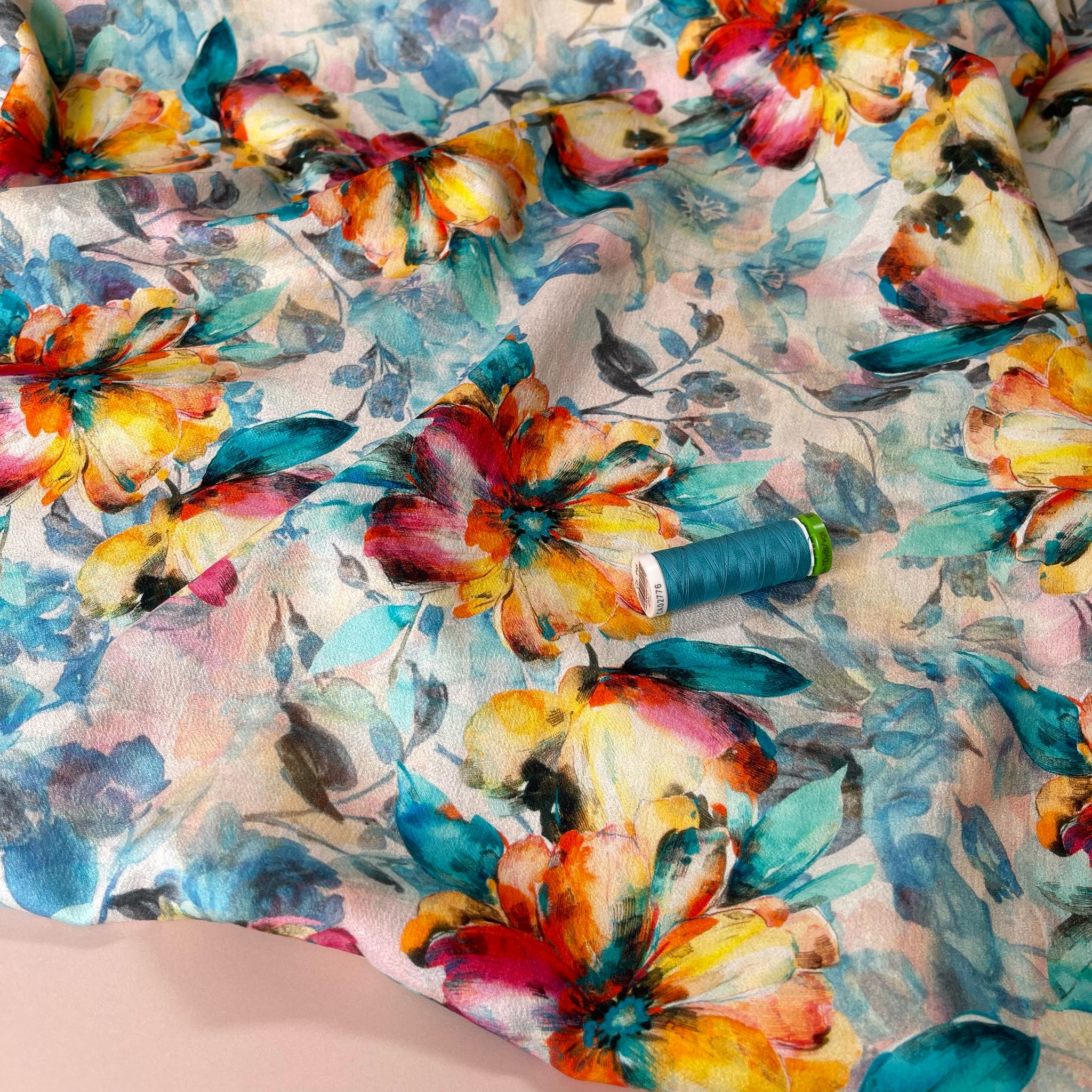 Watercolour Sunset Blooms on Turquoise Textured Viscose Fabric