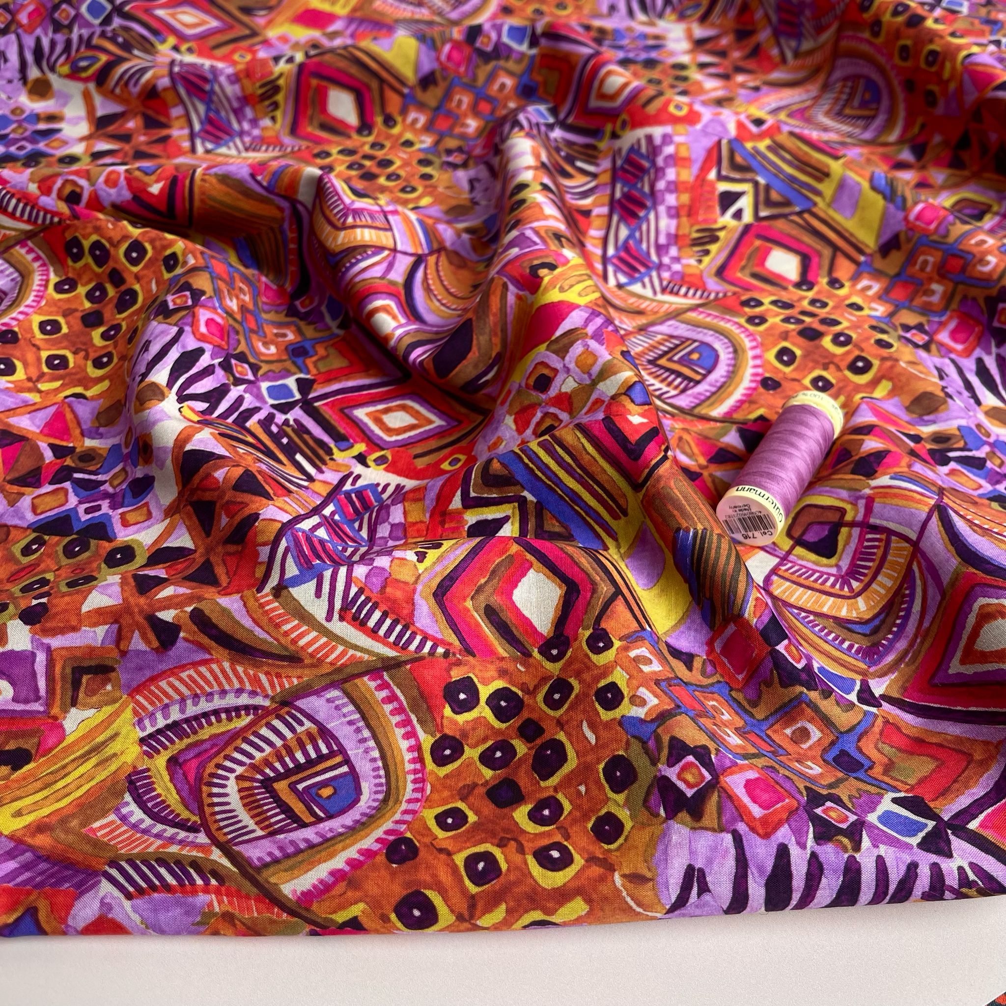 REMNANT 1.6 Metres - Painted Autumn Aztec Cotton Voile Fabric