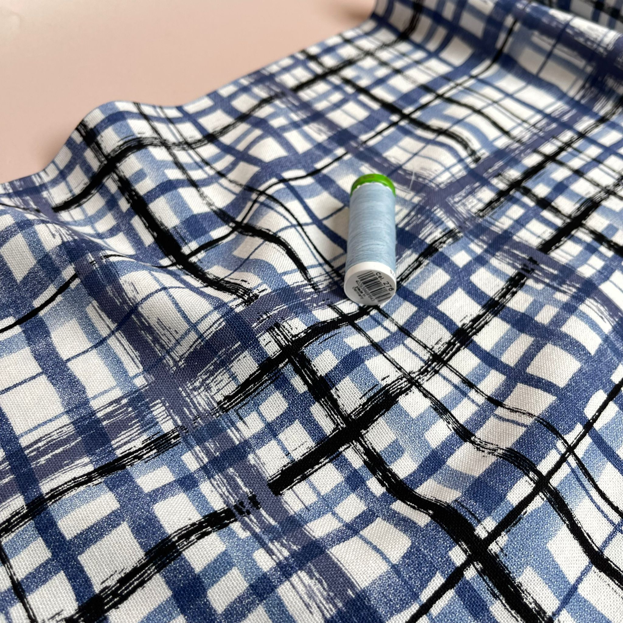 Hand painted Check on Blue Linen Viscose Blend Fabric