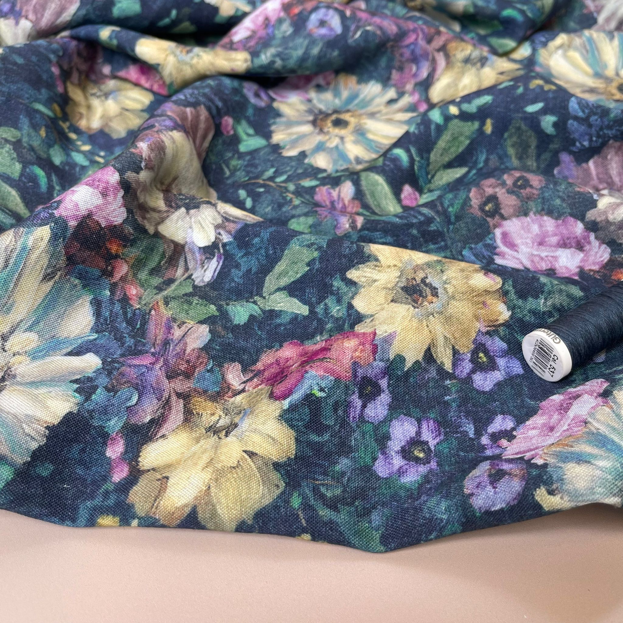 Painted Indigo Flowers Viscose Linen Fabric