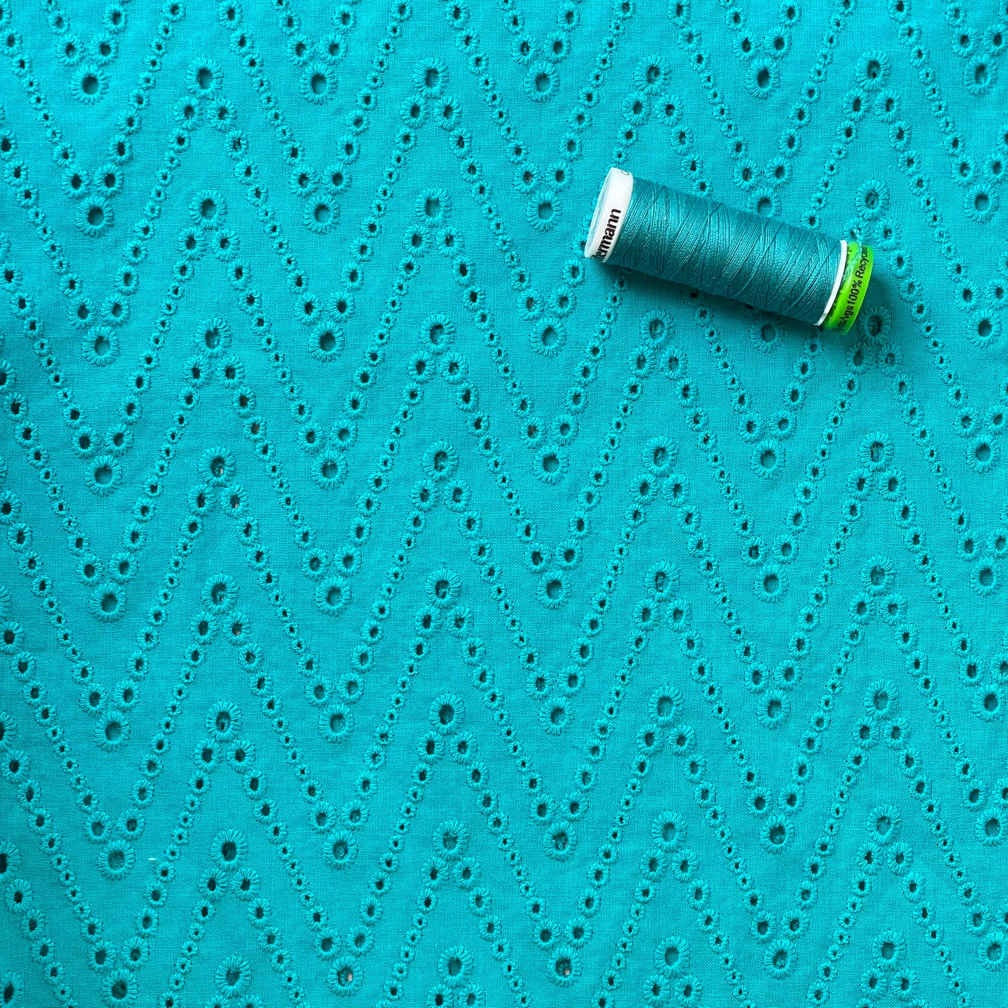 Embroidered Zig-Zags on Turquoise Cotton Broderie Anglaise Fabric