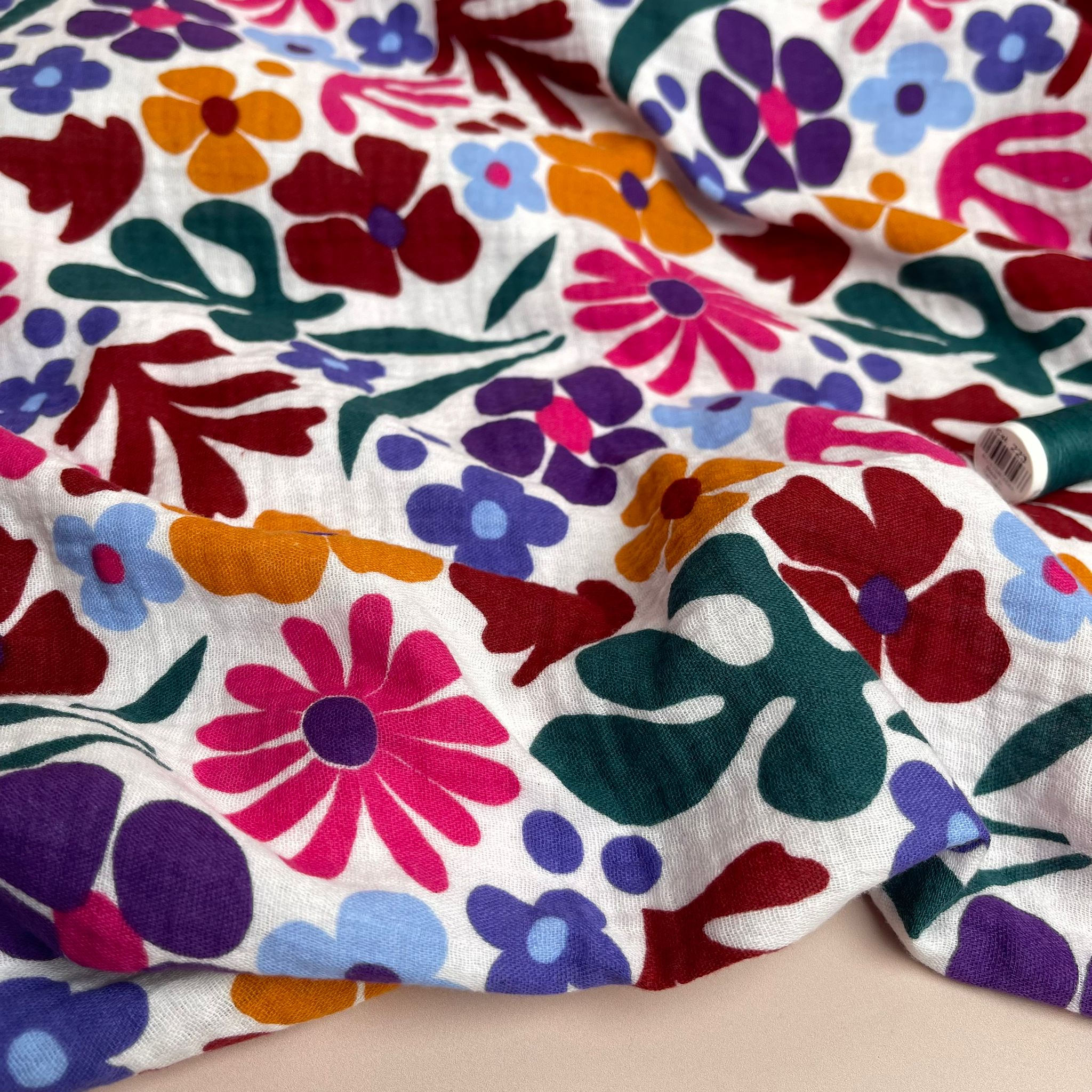 Joyful Flowers on White Cotton Double Gauze