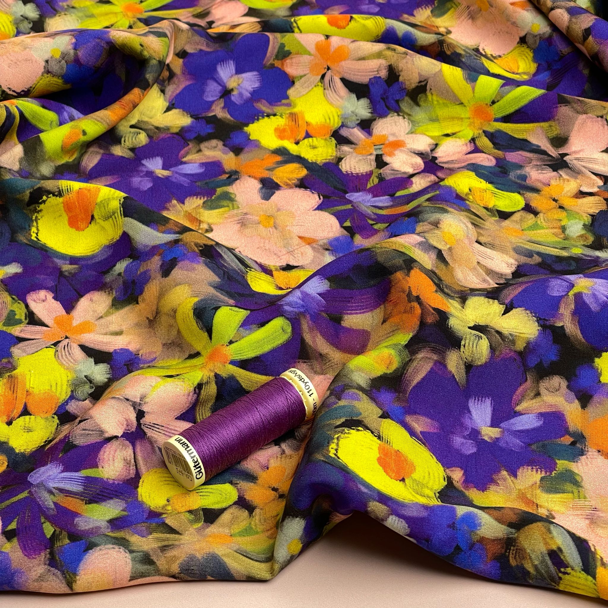 Purple and Yellow Florals Viscose Fabric