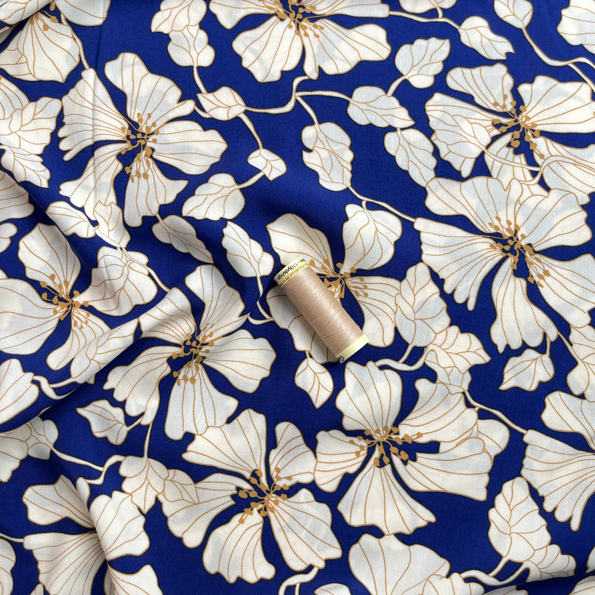 Golden Blooms on Cobalt Blue Viscose Fabric