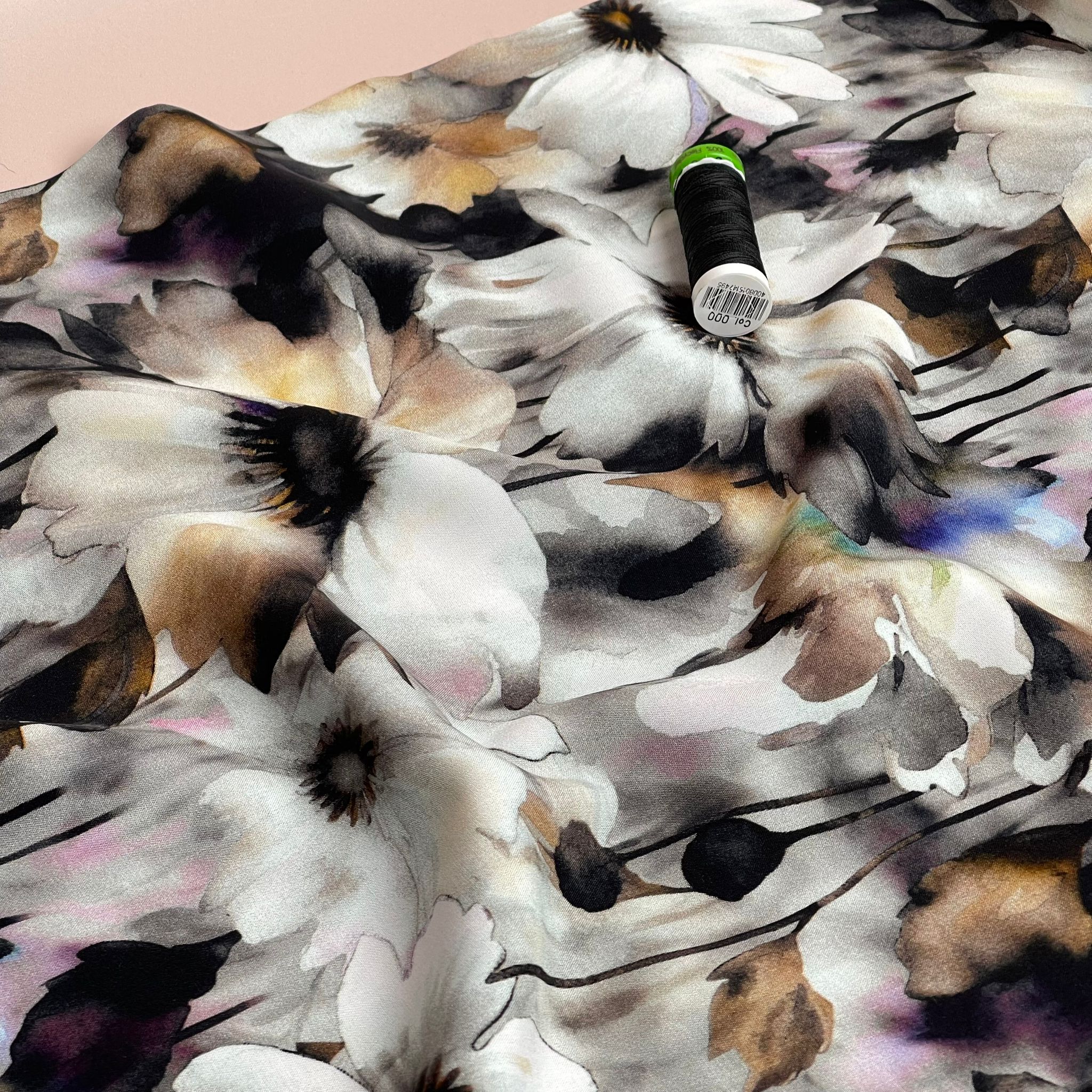 REMNANT 0.82 Metre - Neutral Flowers in Black and White Viscose Poplin Fabric