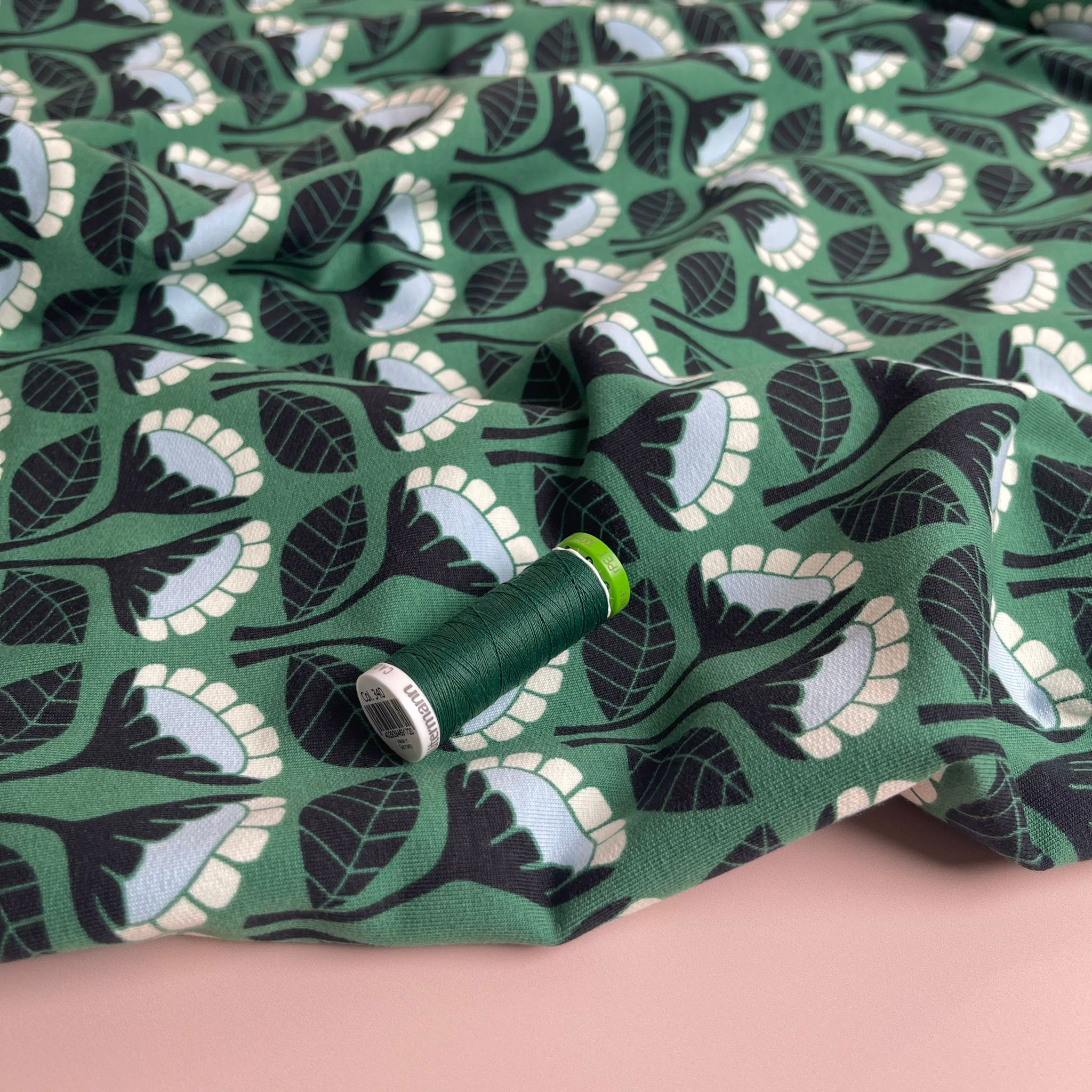 REMNANT 2.10 Metres - Monochrome Flowers on Emerald Green Cotton French Terry