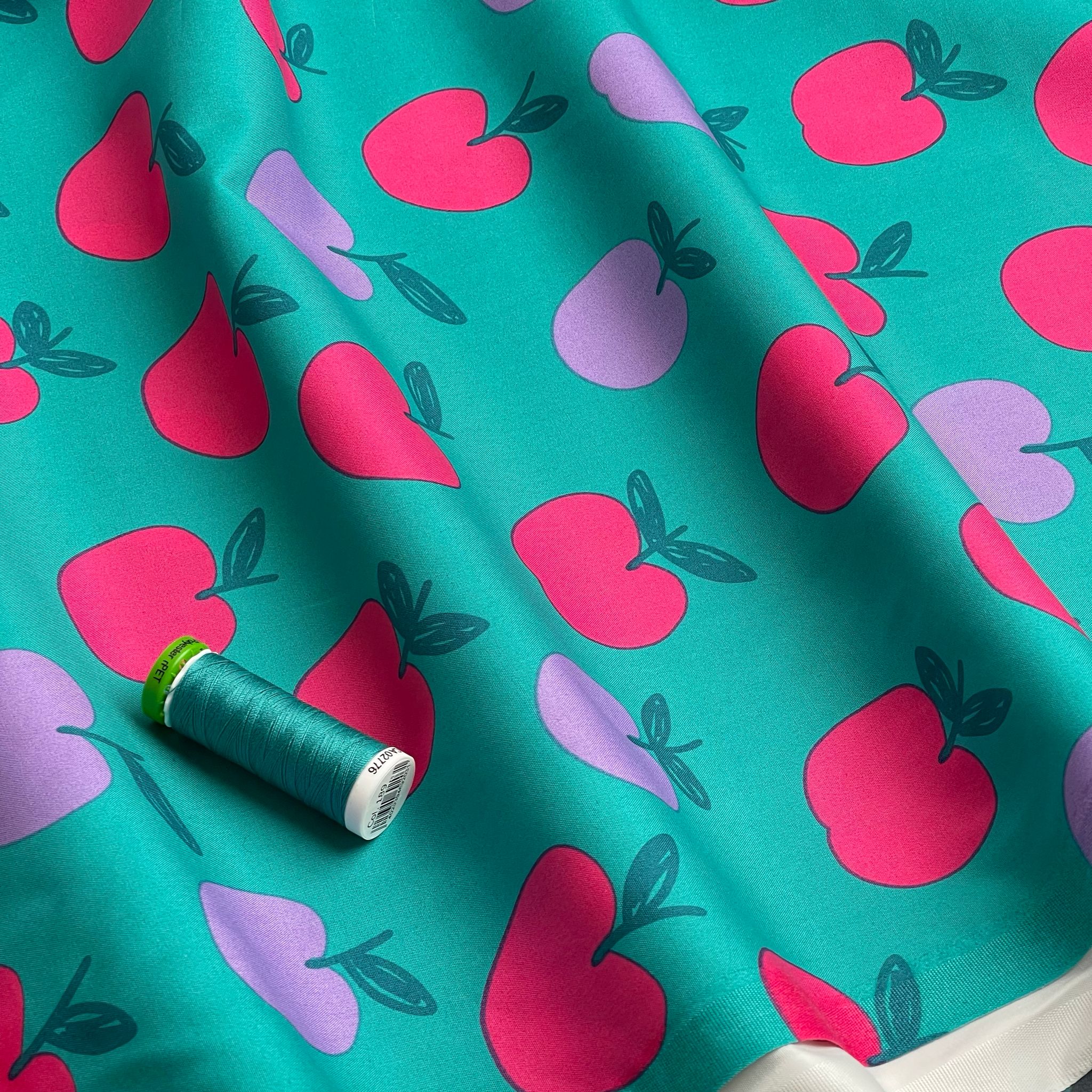 Funky Apples on Teal Cotton Poplin Fabric