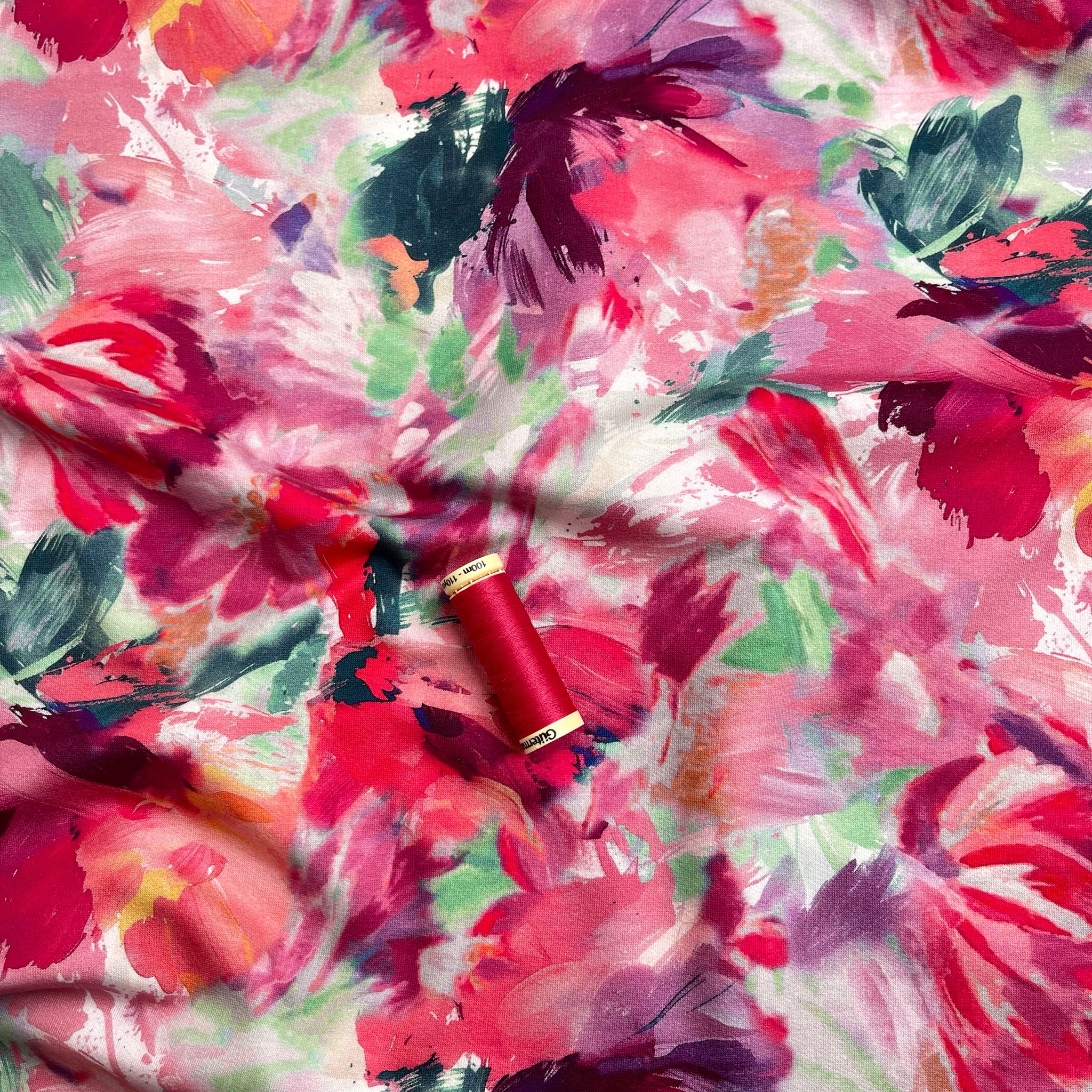 REMNANT 0.92 Metre - Painted Fuchsia Blooms Cotton French Terry