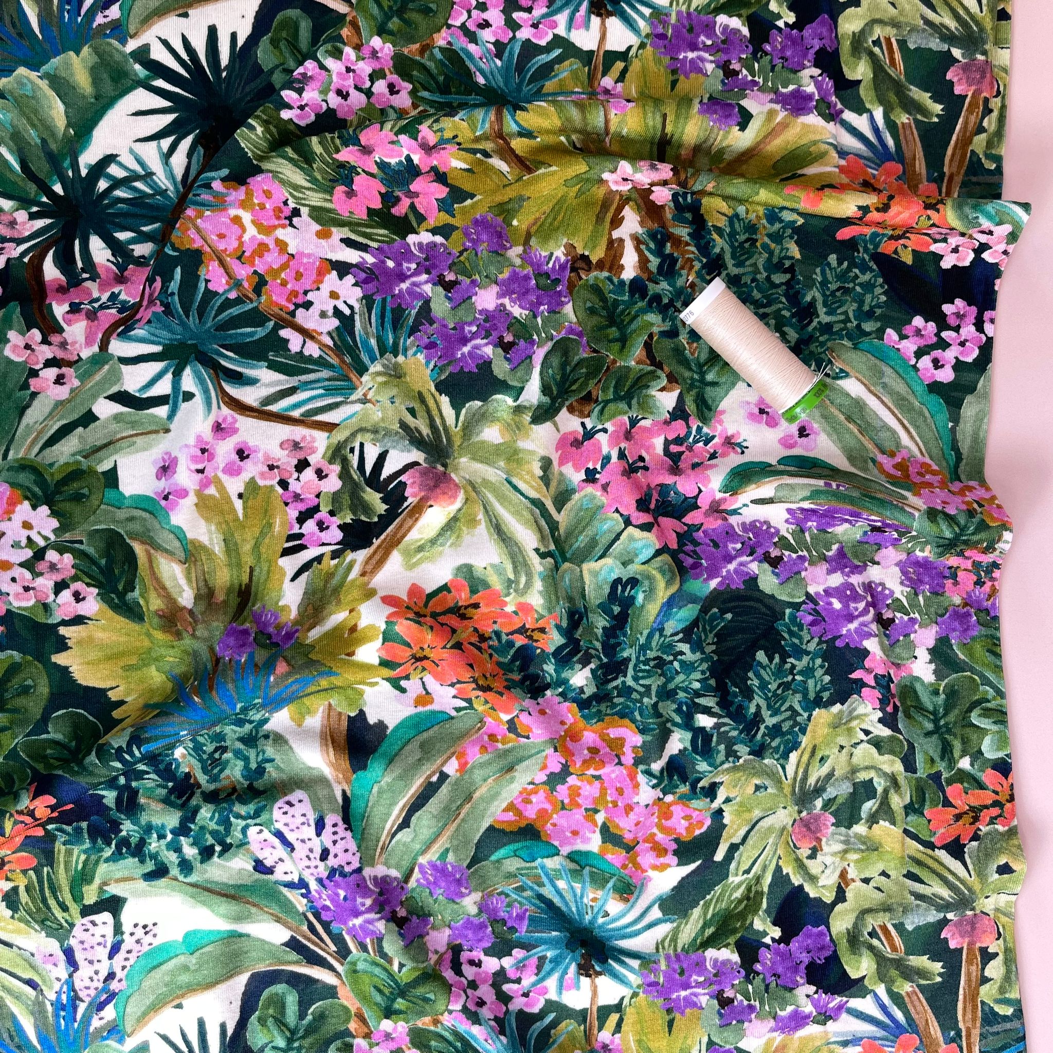 REMNANT 2.39 Metres - Exotic Jungle on Ecru Viscose Jersey Fabric