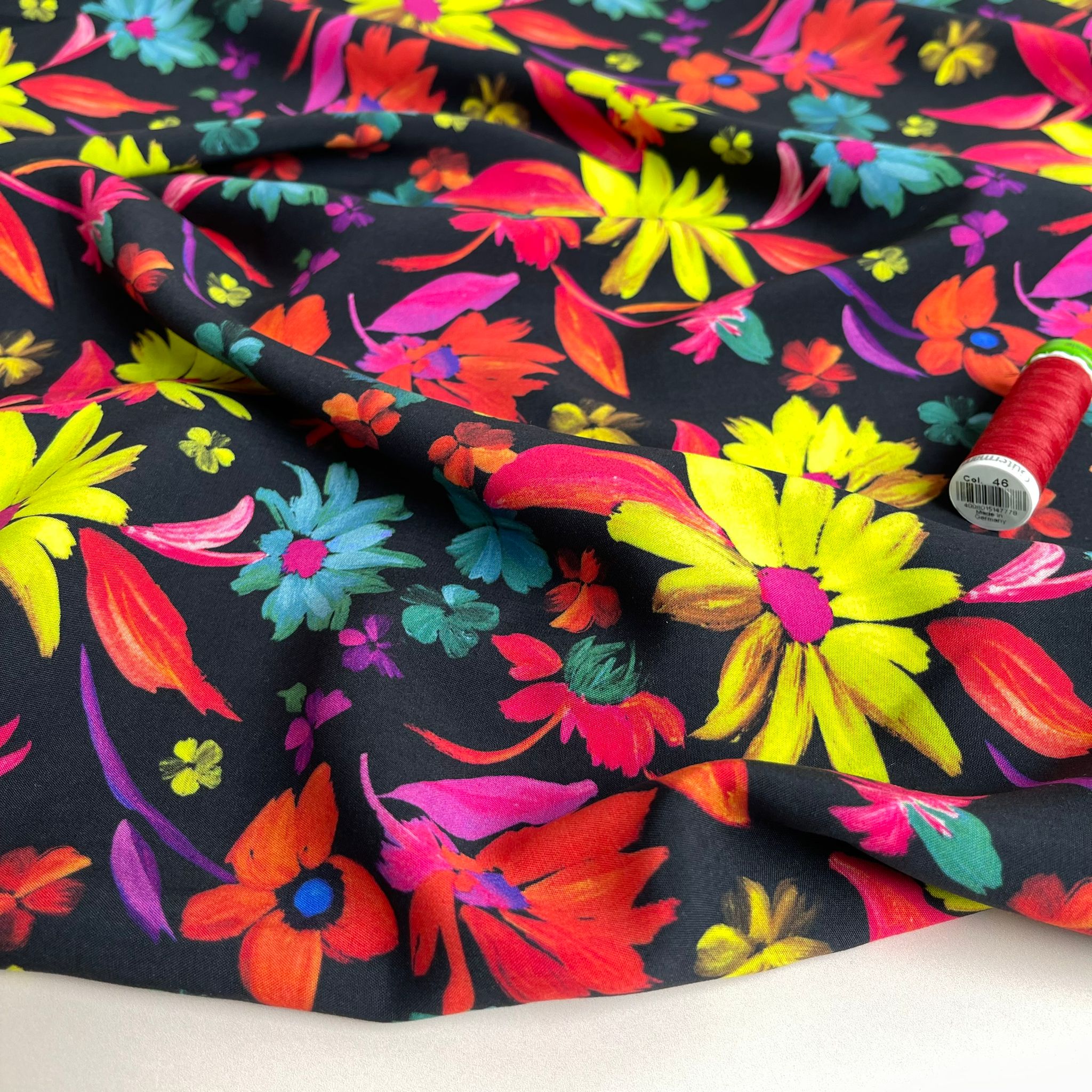 Dopamine Flowers on Black Viscose Fabric