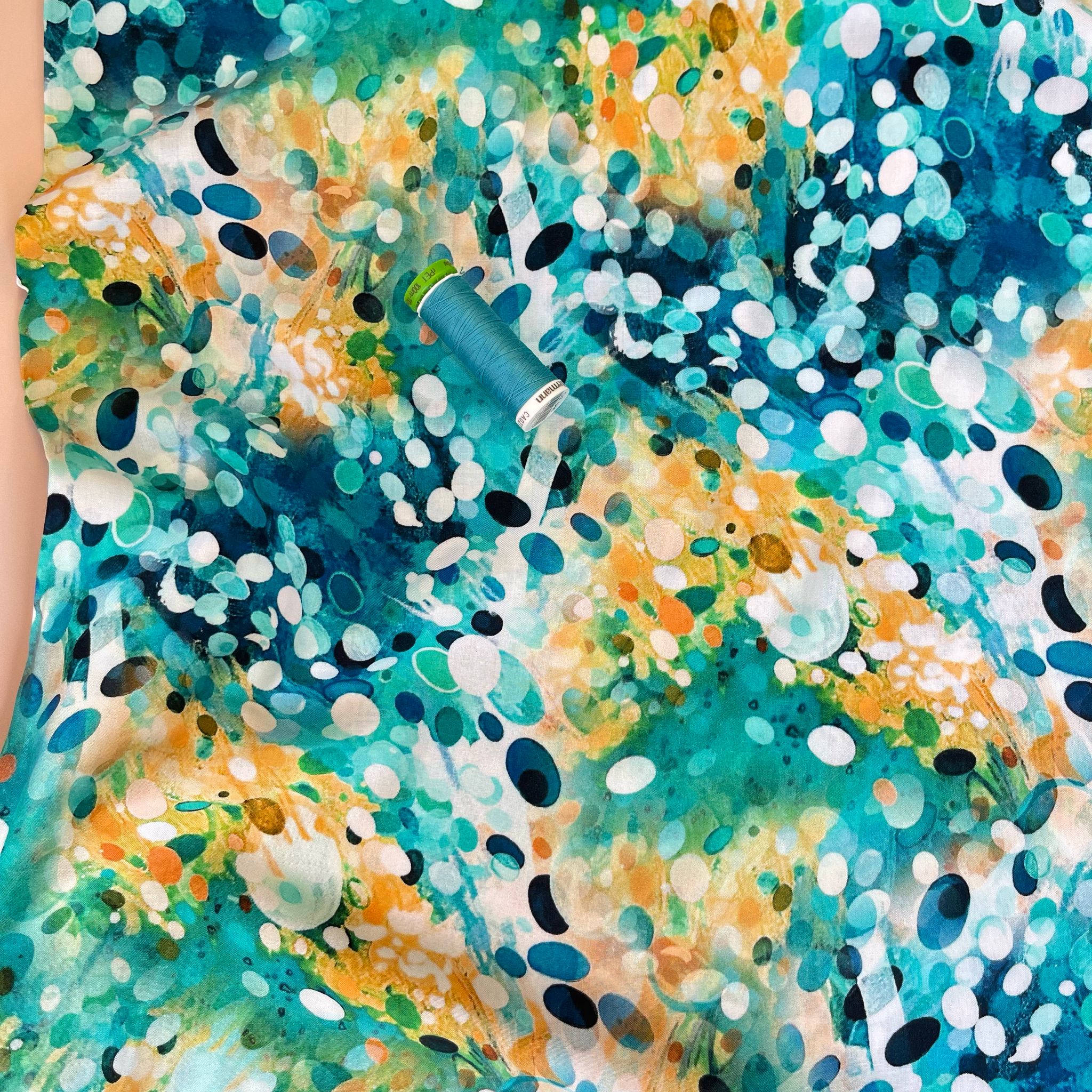 Ocean Watercolour Drops Viscose Poplin Fabric
