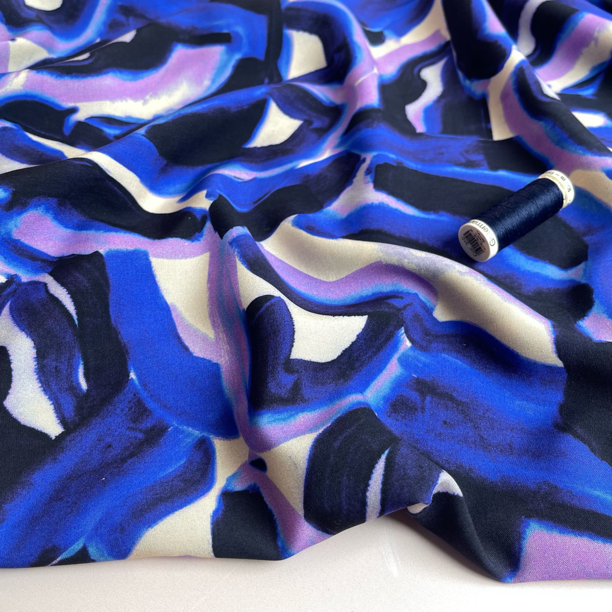 REMNANT 0.9 Metre (pulled stitch and area with dye missing ) Abstract Navy and Lilac Viscose Fabric