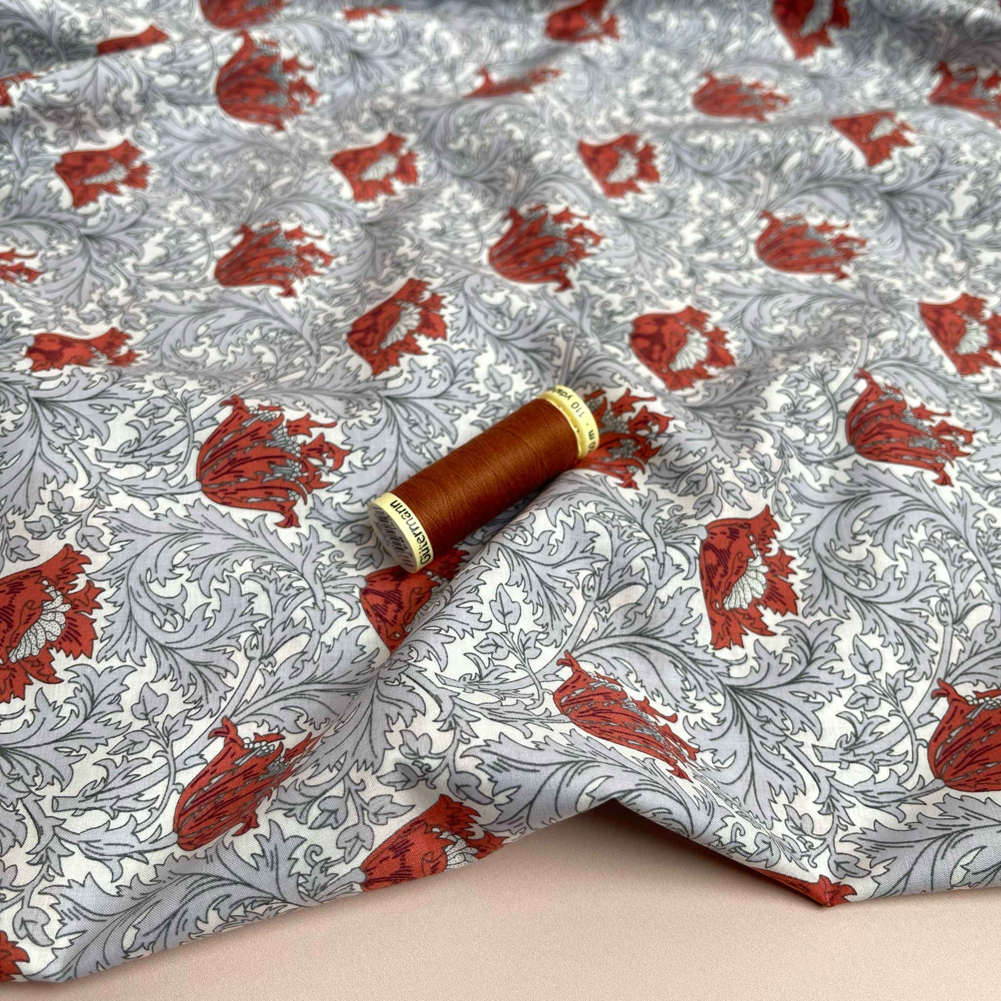 Morris Leaves Grey Cotton Lawn Fabric