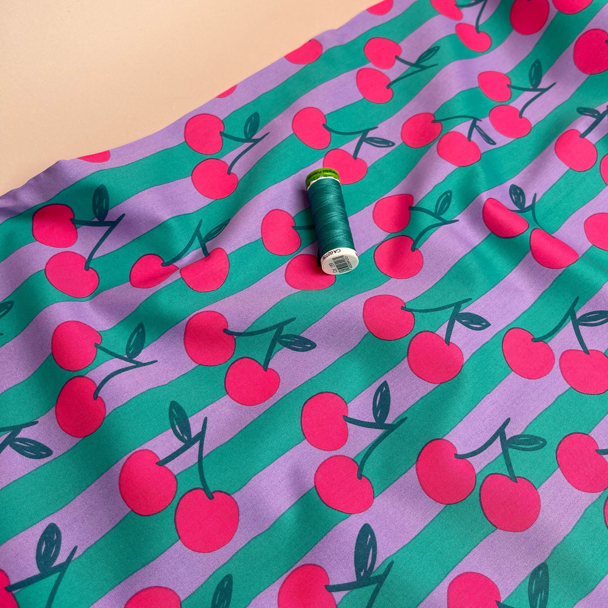 Funky Cherry Stripes on Teal Cotton Poplin Fabric