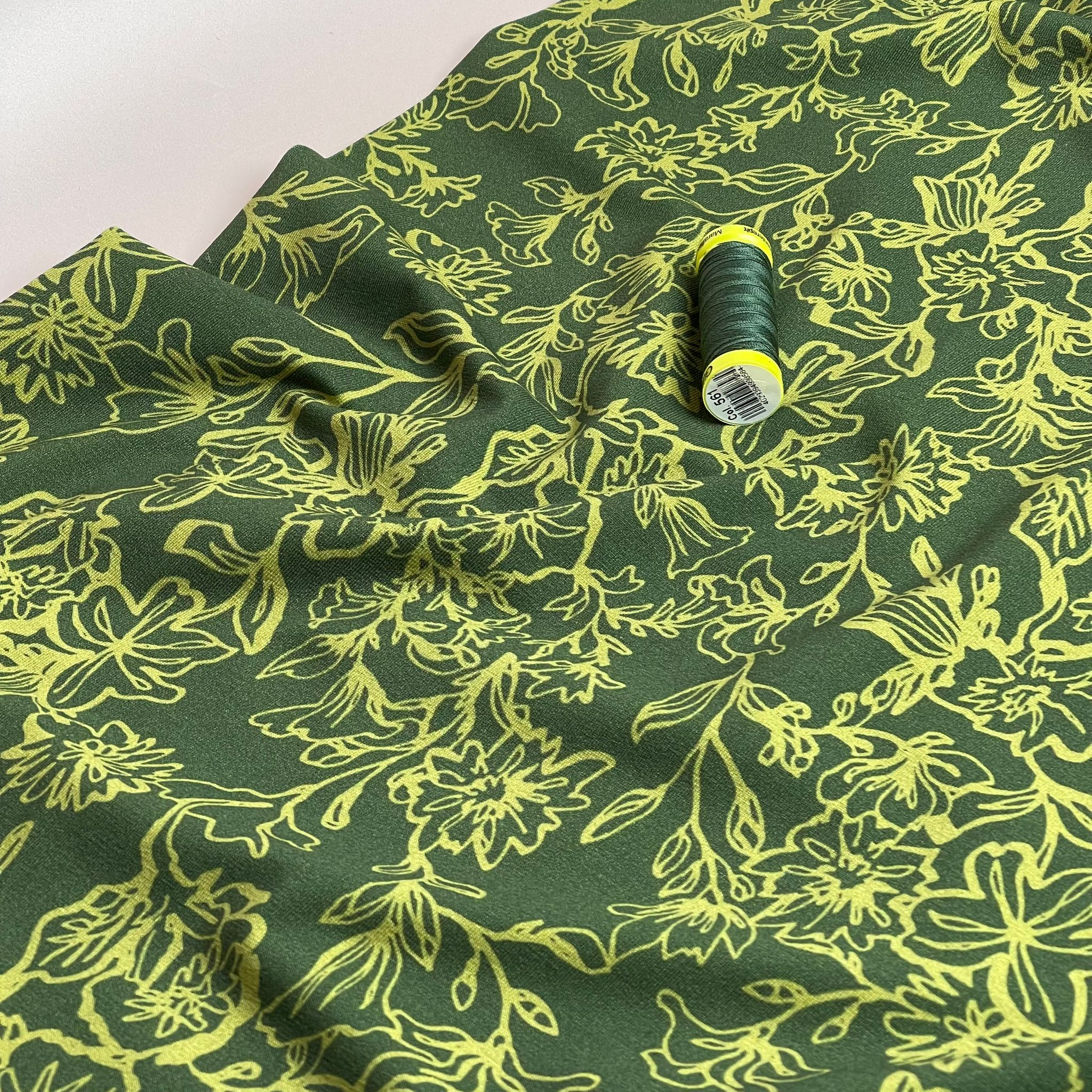 REMNANT 1.62 Metres - Danish Design - Lime Flowers on Green Cotton Jersey Fabric