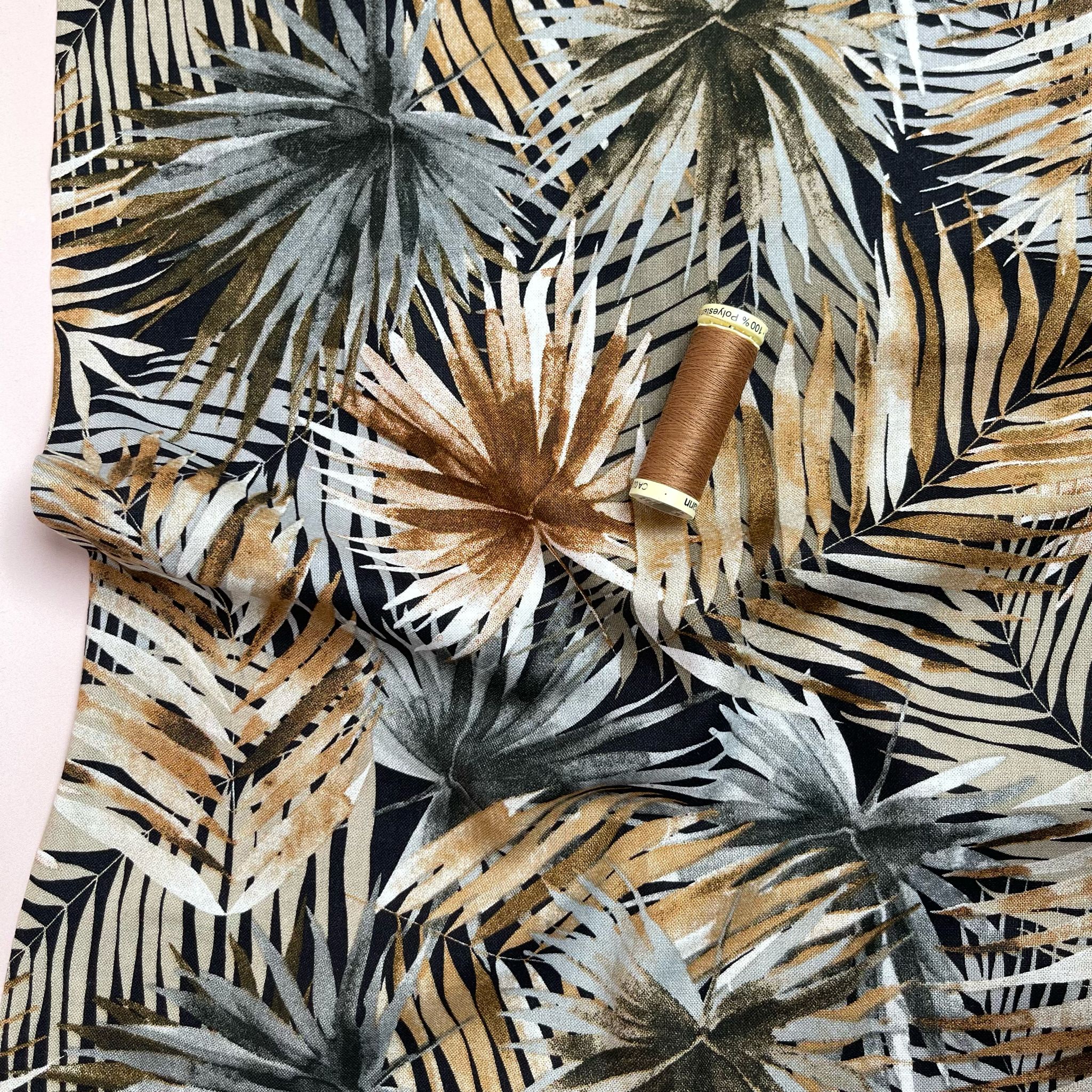 REMNANT 3.09 Metres - Tropical Fan Leaves in Brown Viscose Linen Blend Fabric