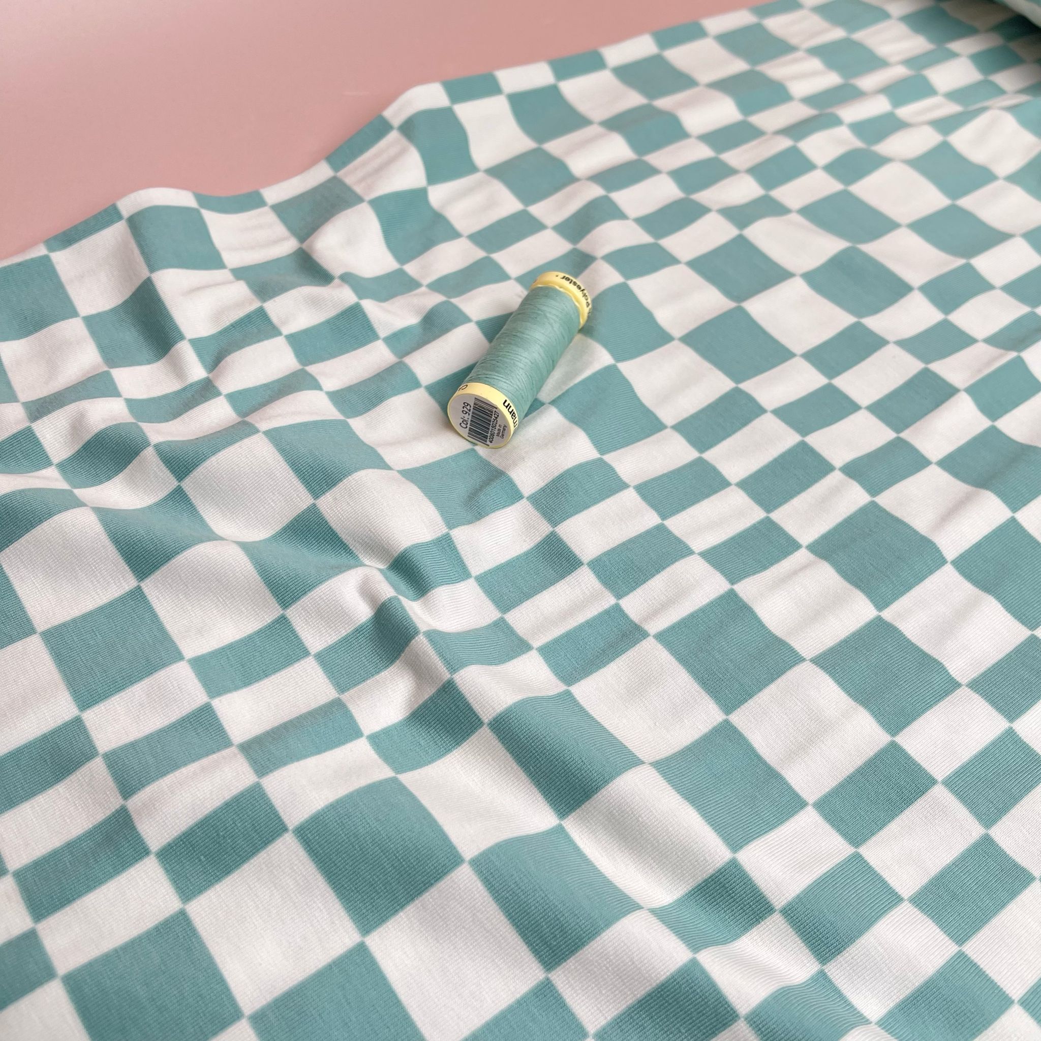 Checkers in Mint and White Cotton Jersey Fabric