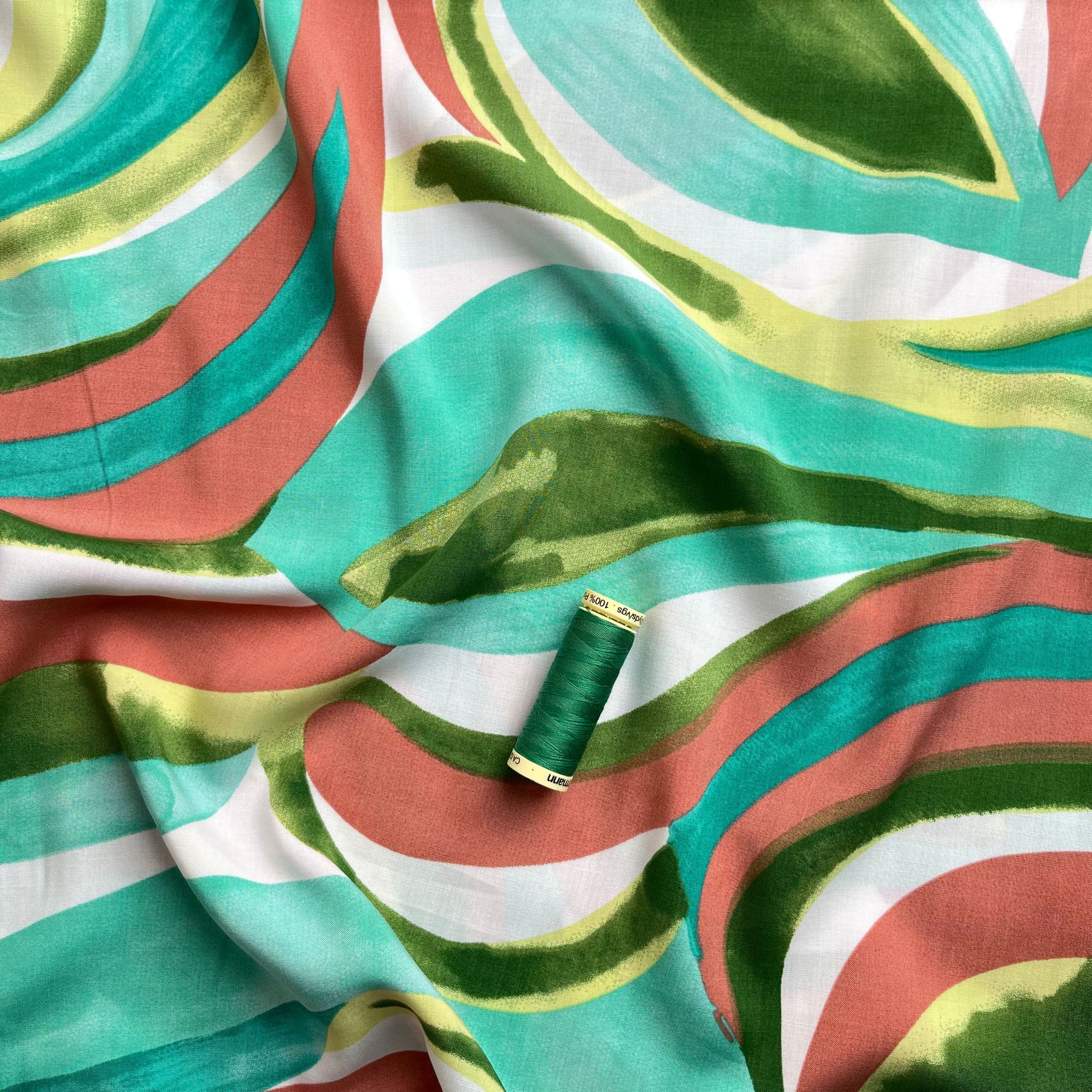 Abstract Waves Green Viscose Poplin Fabric