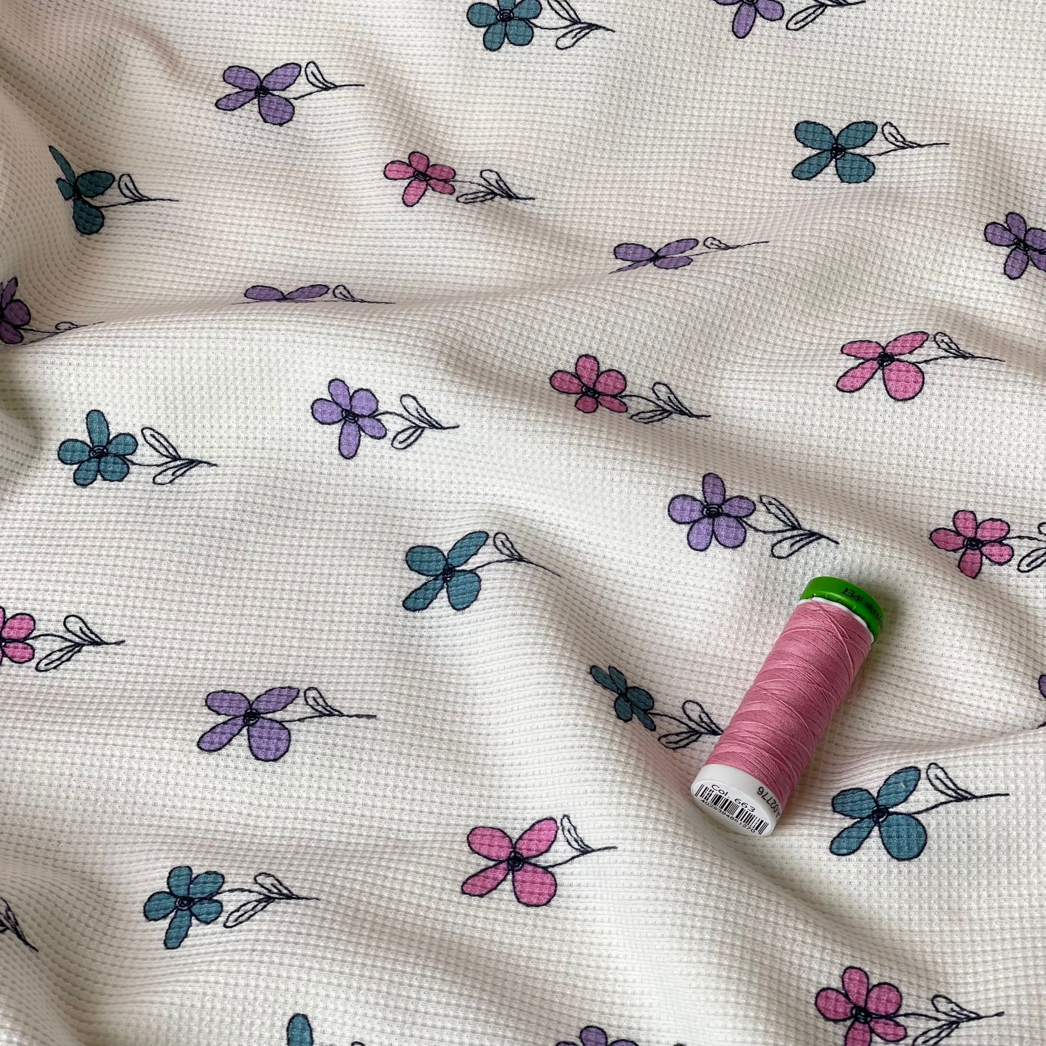 Pretty Flowers on White Cotton Waffle Jersey