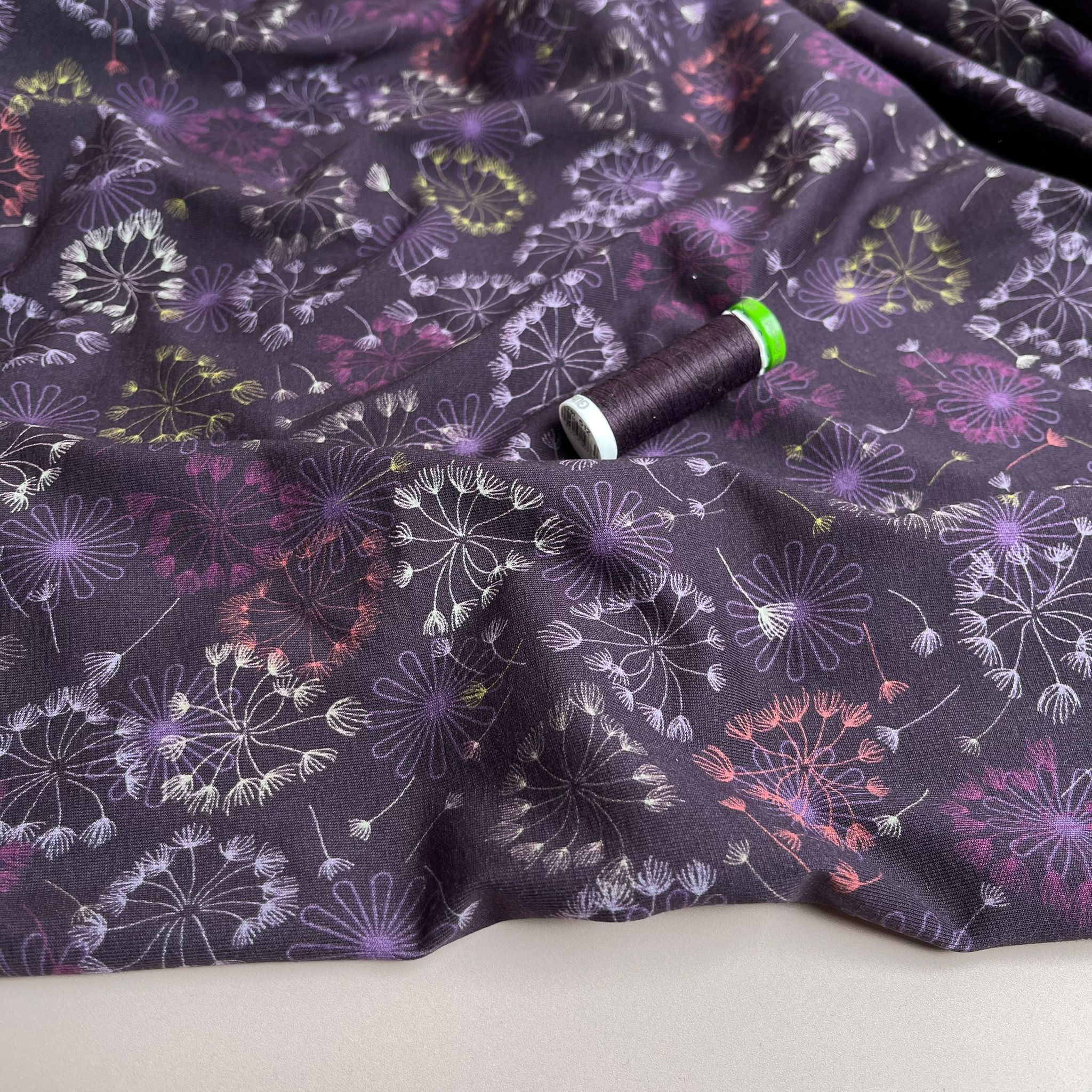 REMNANT 0.58 Metre - Danish Design - Dandelions on Purple Cotton Jersey Fabric