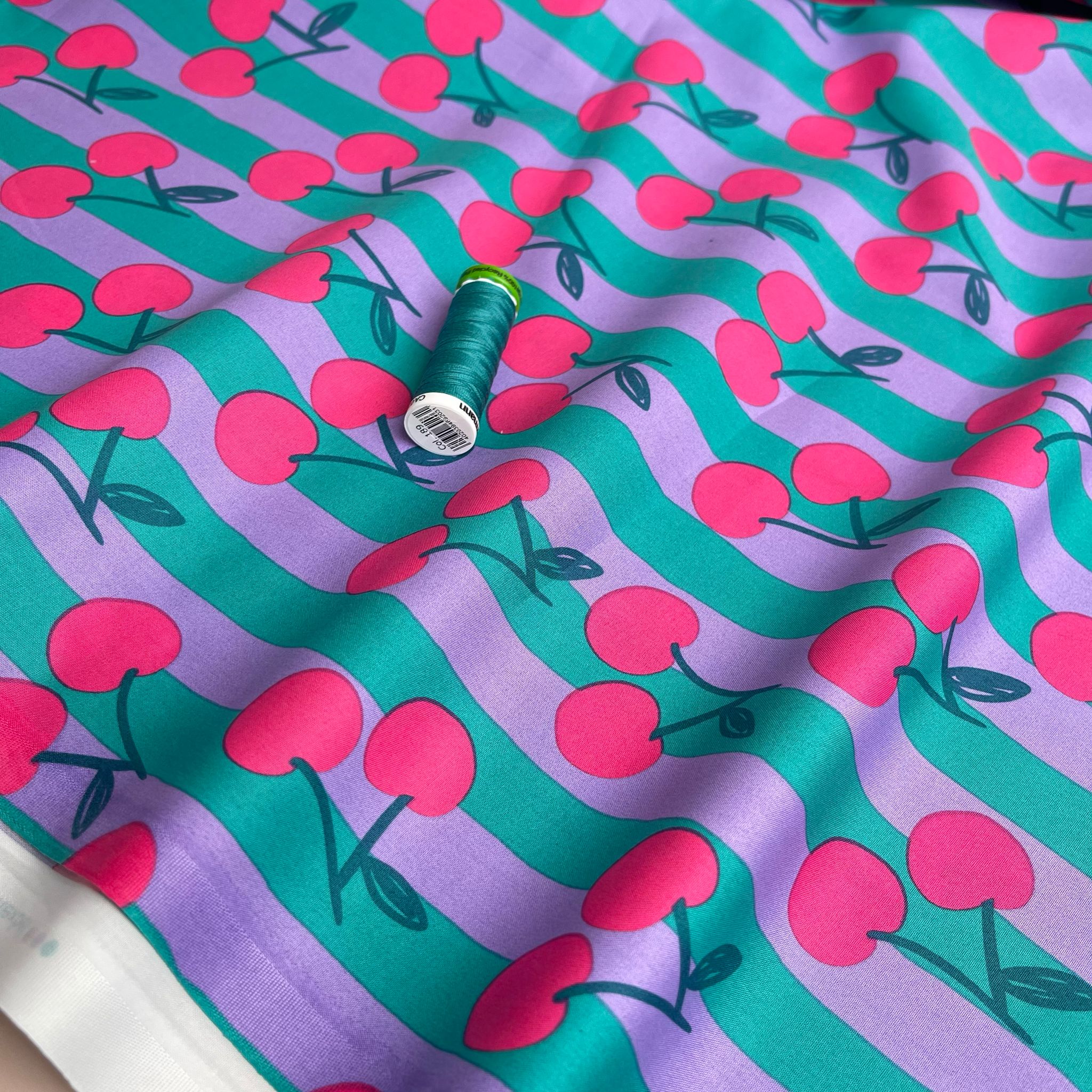Funky Cherry Stripes on Teal Cotton Poplin Fabric