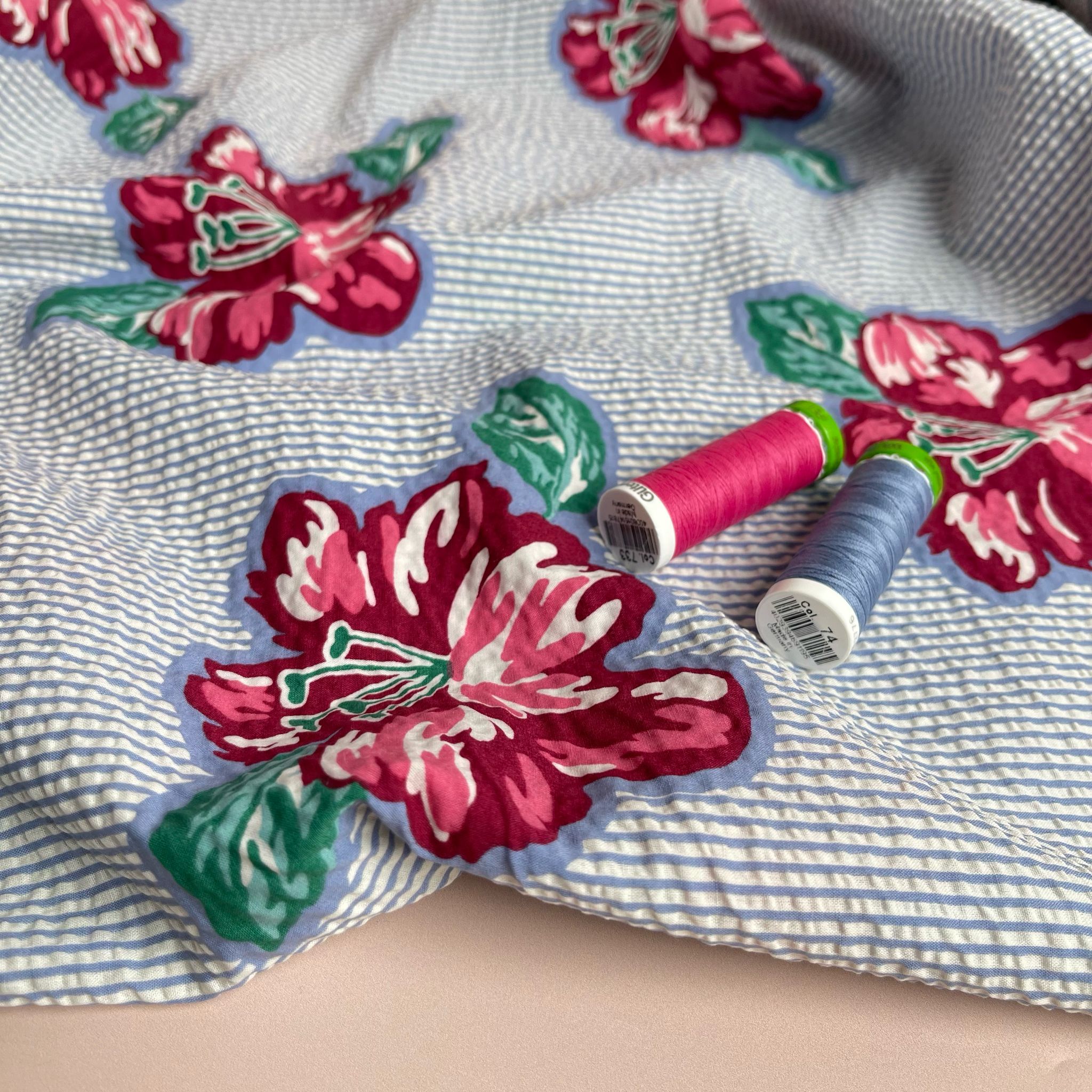 Ex-Designer Deadstock Floral Stripes Cotton Seersucker Fabric