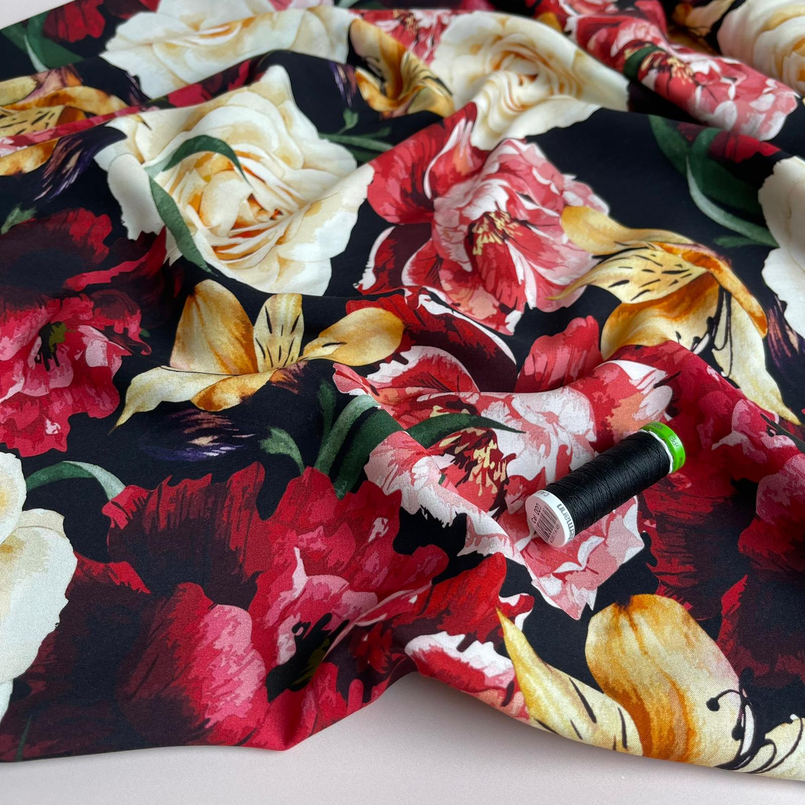 Romance Flowers on Black Viscose Fabric