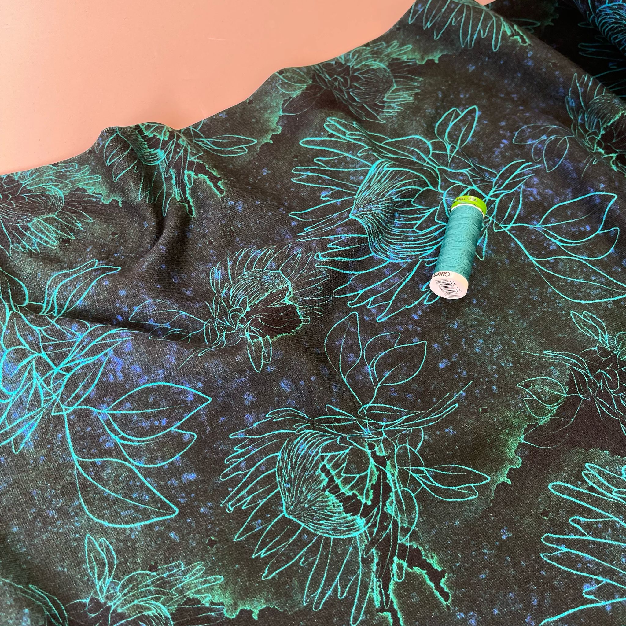 Turquoise Blooms on Black Pure Cotton French Terry