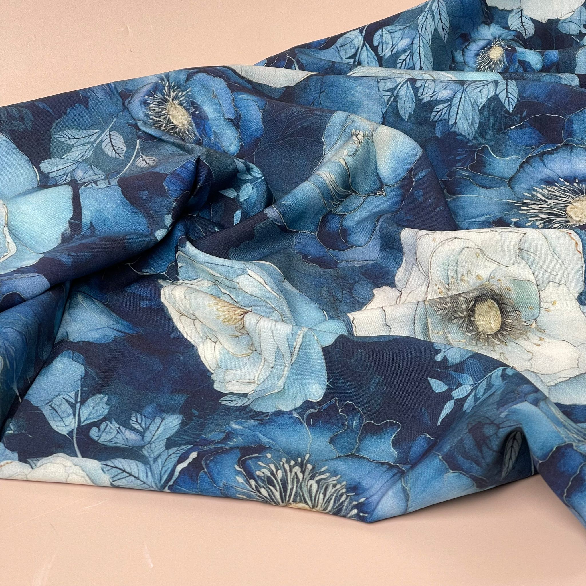 Peony Blooms on Blue Viscose Fabric