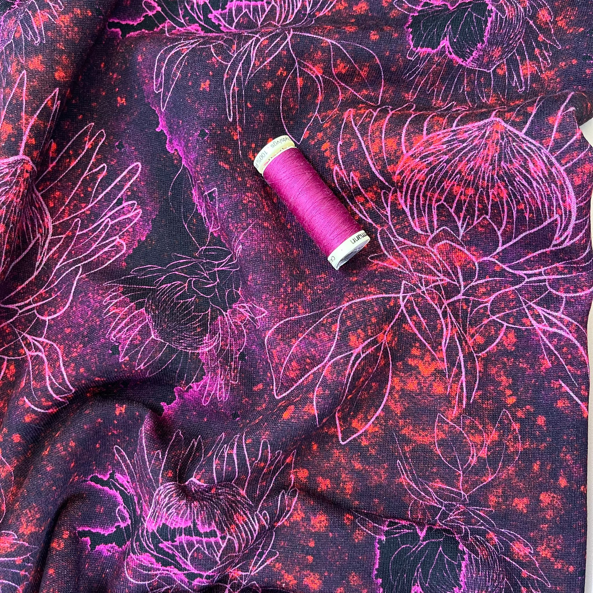 Pink Blooms on Burgundy Pure Cotton French Terry