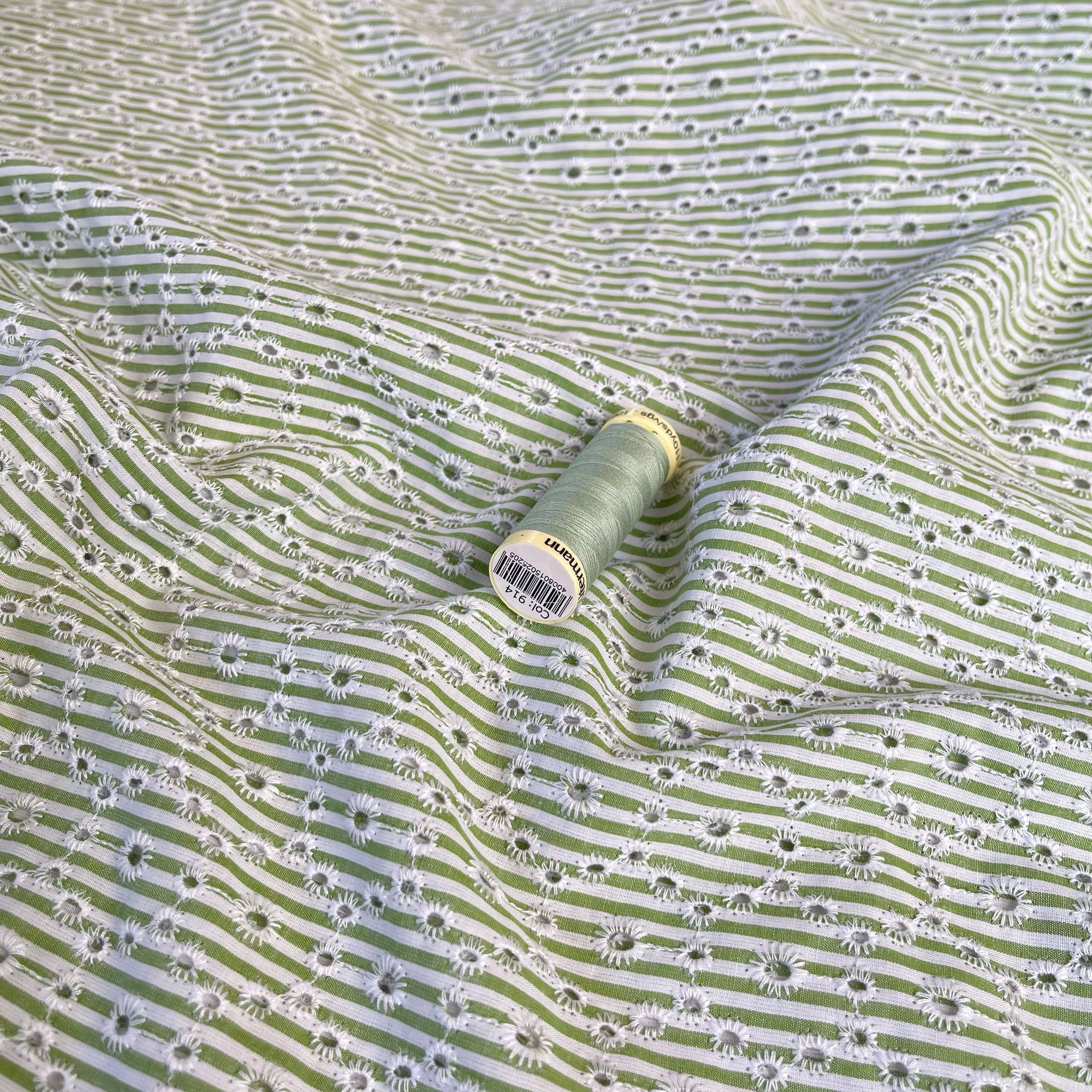 Spring Green Striped Broderie Anglaise Cotton Fabric