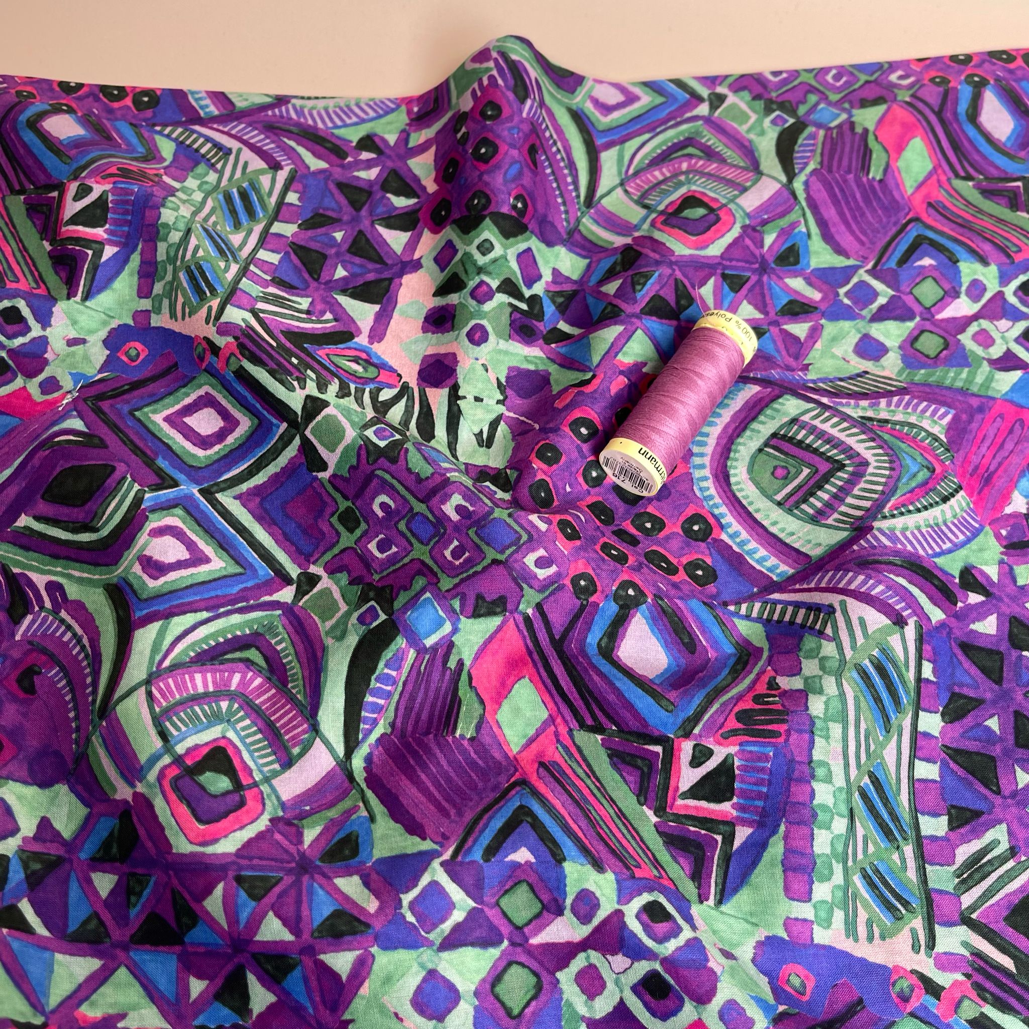 REMNANT 0.64 Metre - Painted Purple Aztec Cotton Voile Fabric