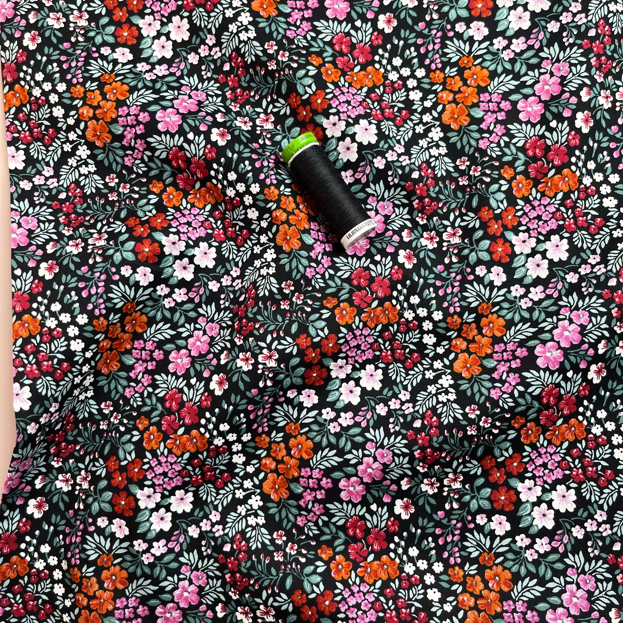 Ditsy Meadow on Black Cotton Poplin