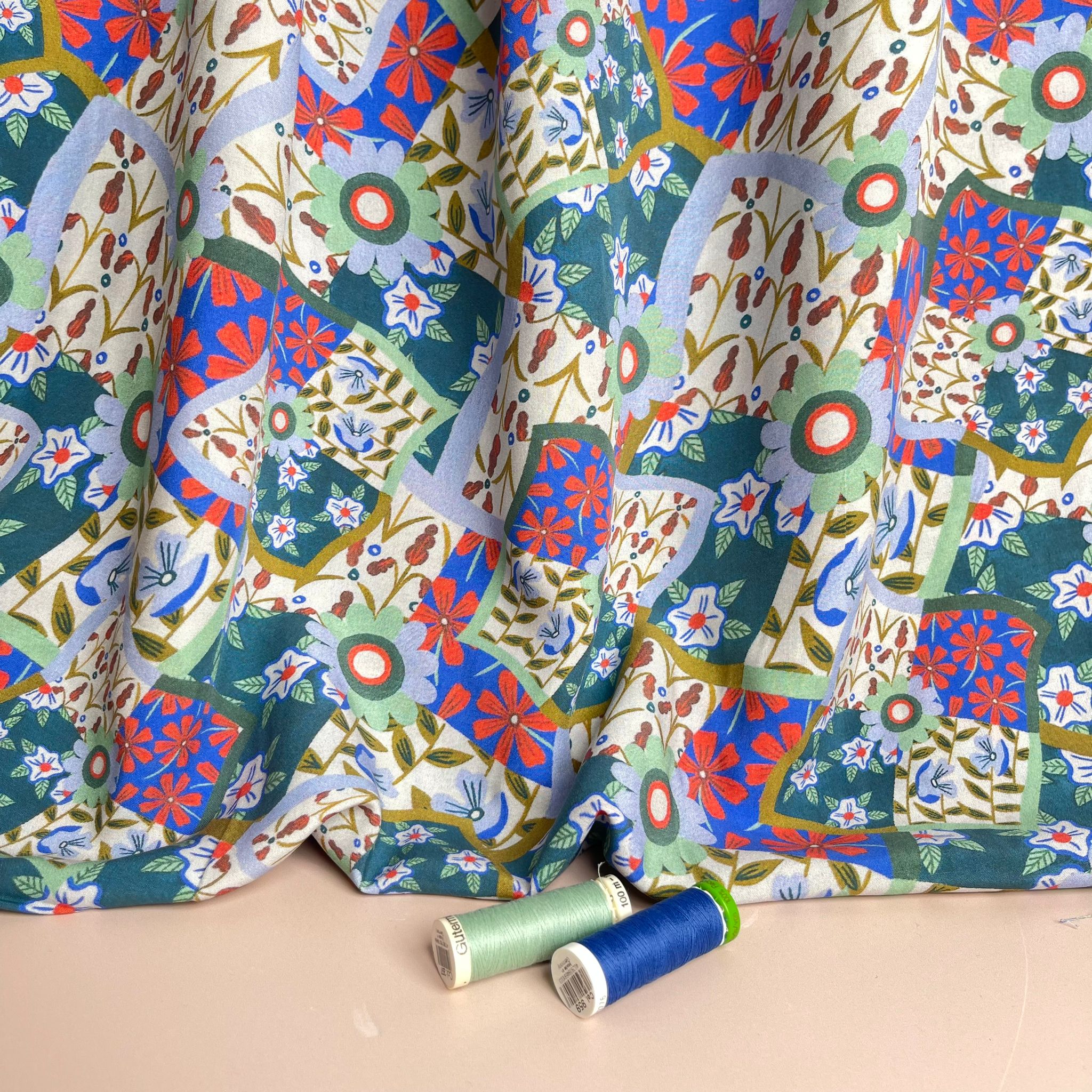Floral Patchwork Print in Blue and Red Viscose Fabric