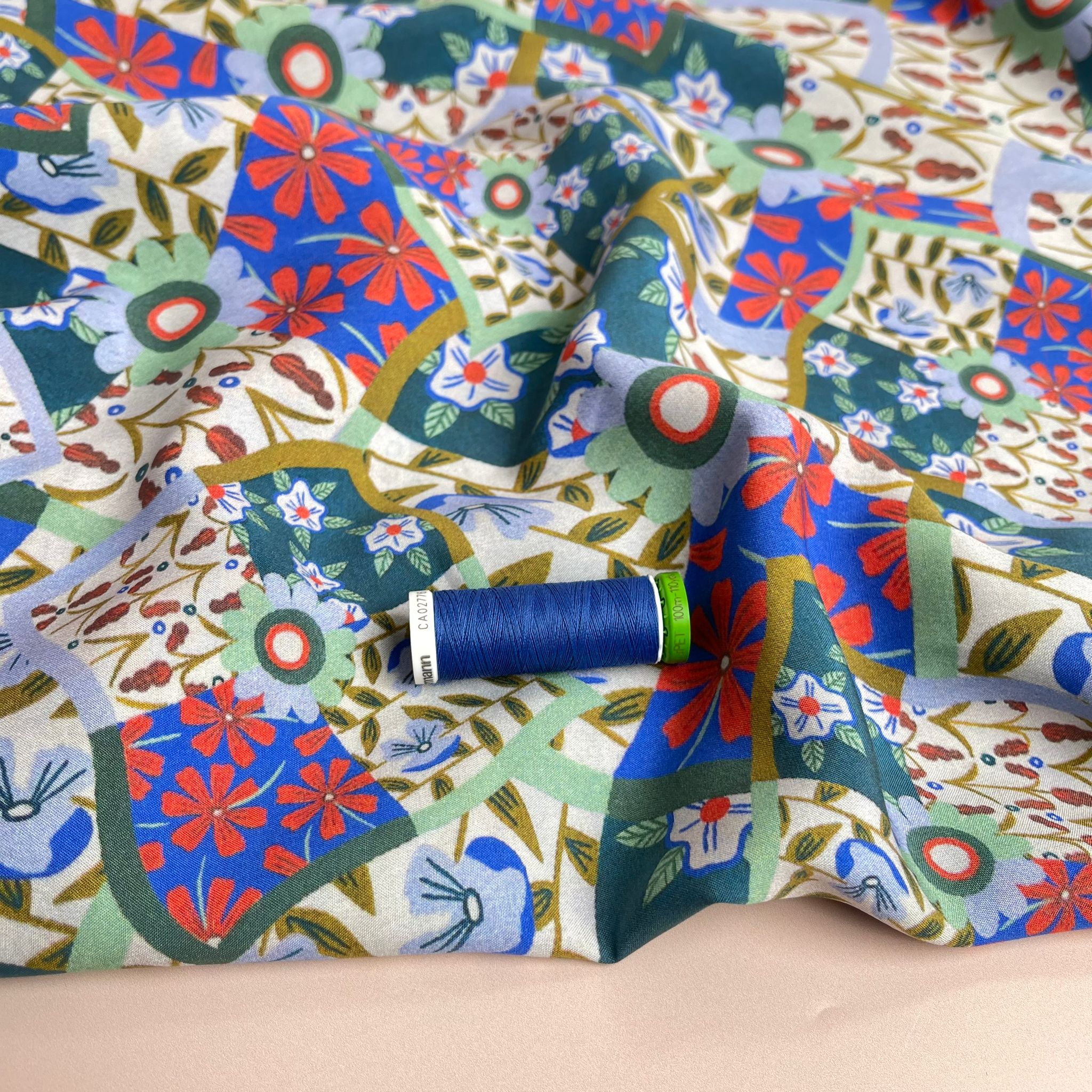 Floral Patchwork Print in Blue and Red Viscose Fabric