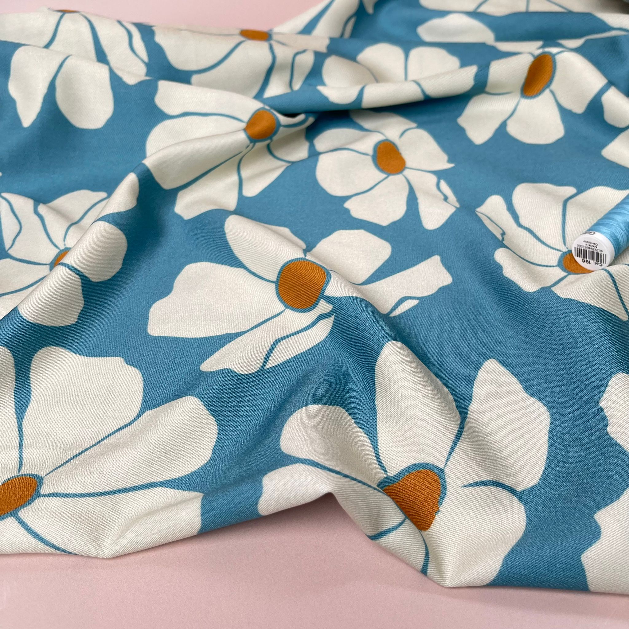 REMNANT 2.34 Metres - Light & Lush - Bold White Blooms on Blue Viscose Twill Fabric