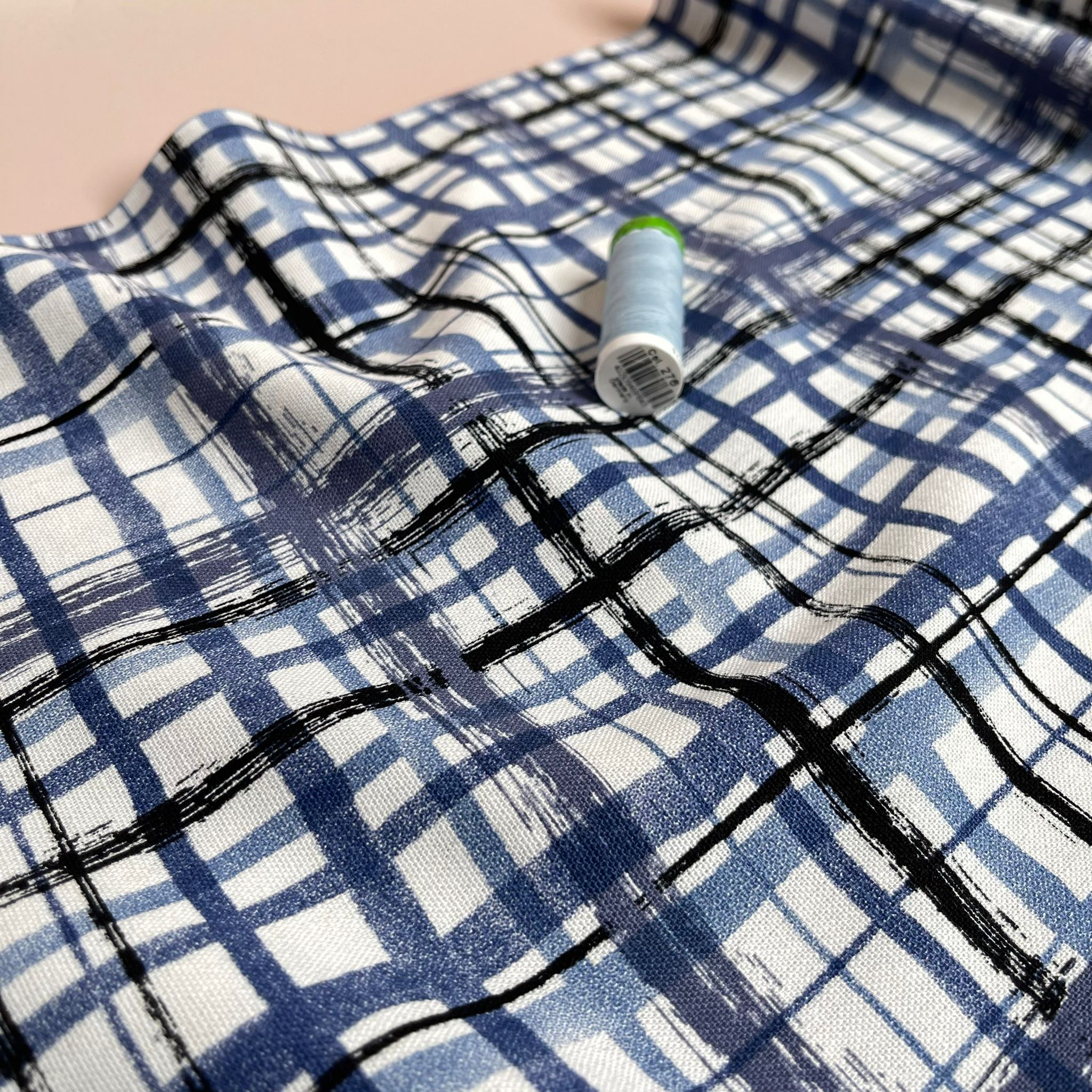 Hand painted Check on Blue Linen Viscose Blend Fabric