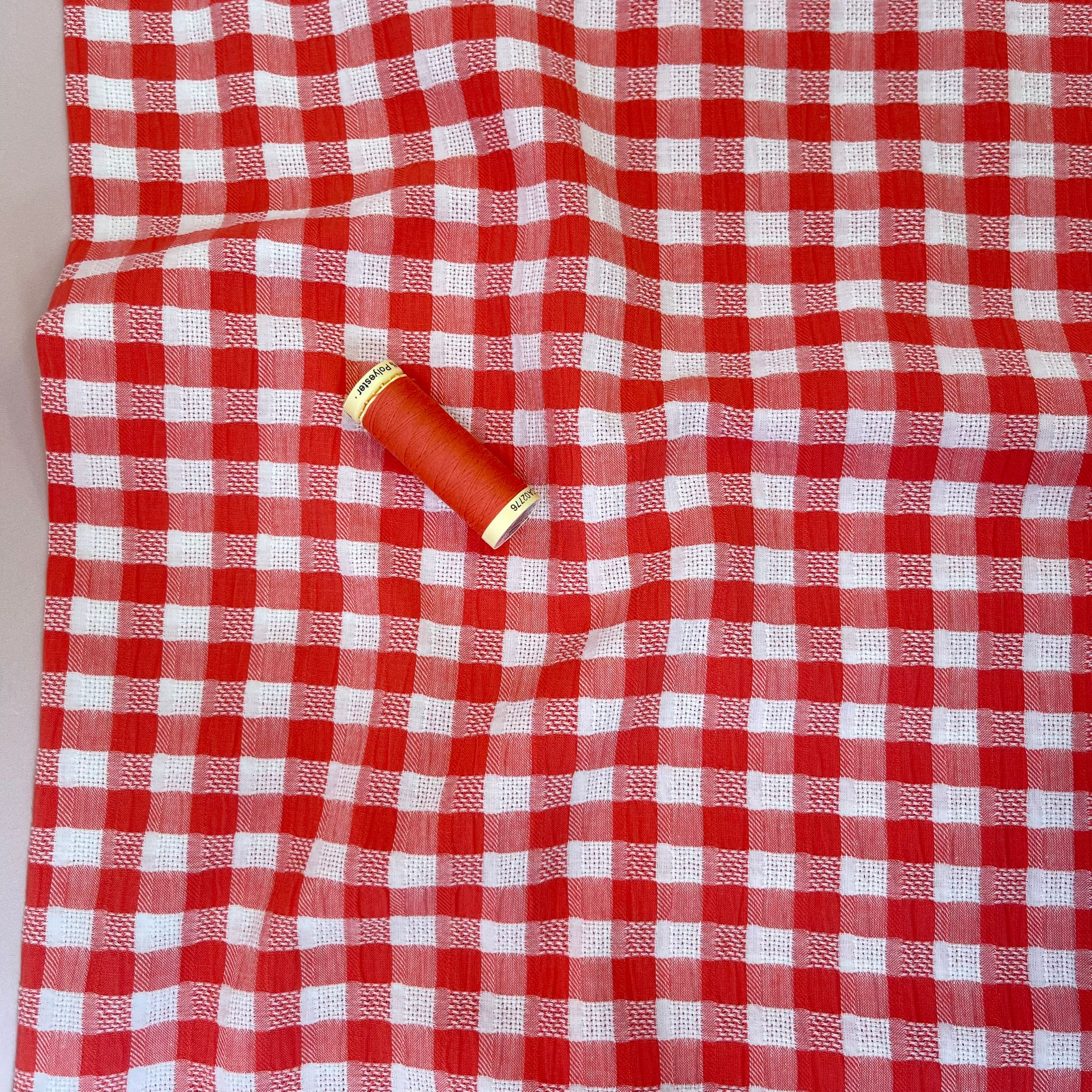Coral Reef Gingham Cotton Seersucker Fabric