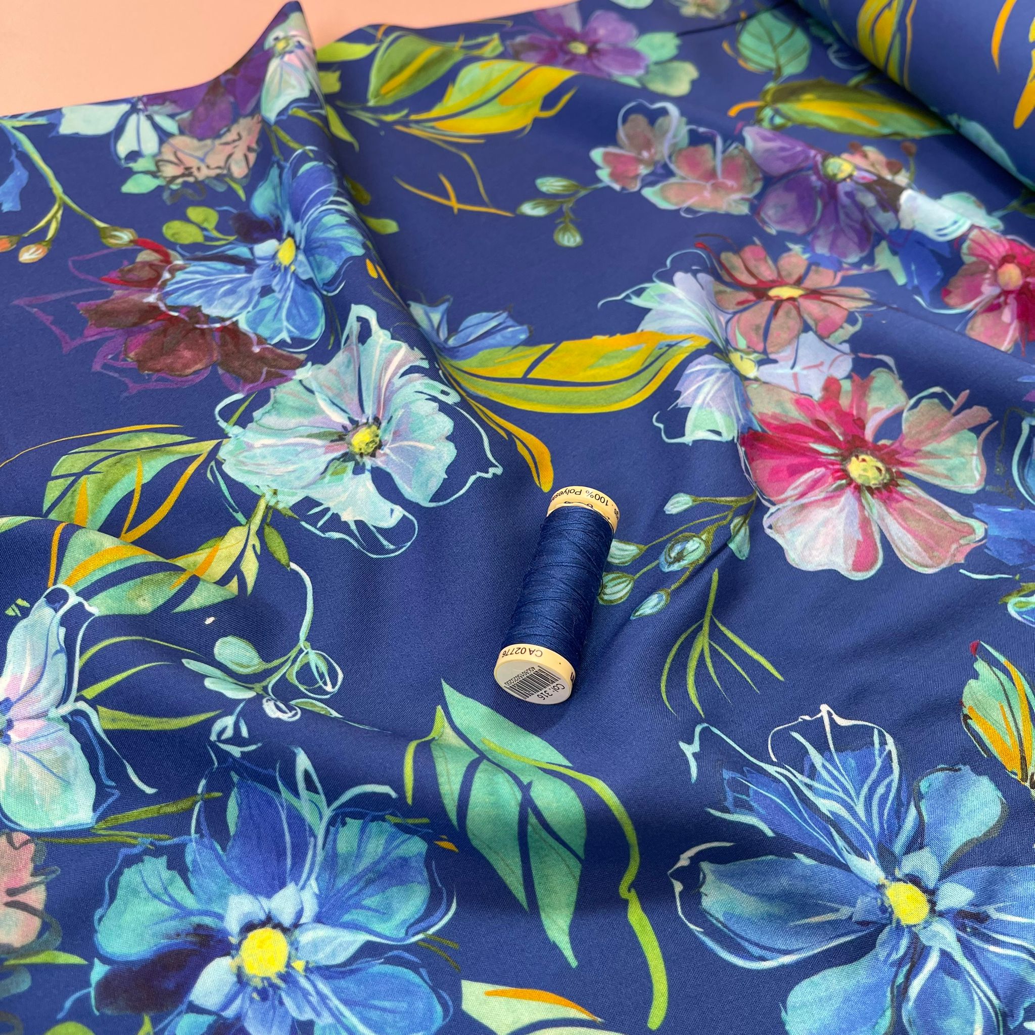 Painted Blooms on Blue Viscose Fabric
