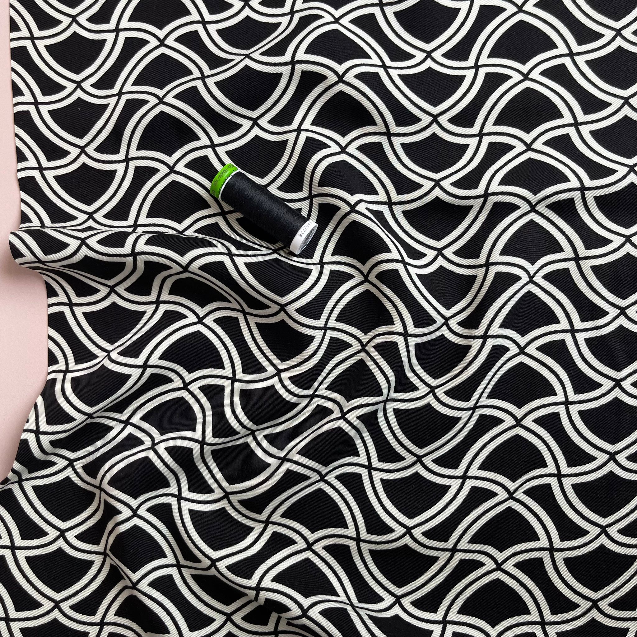 Abstract Waves on Black Viscose Twill Fabric