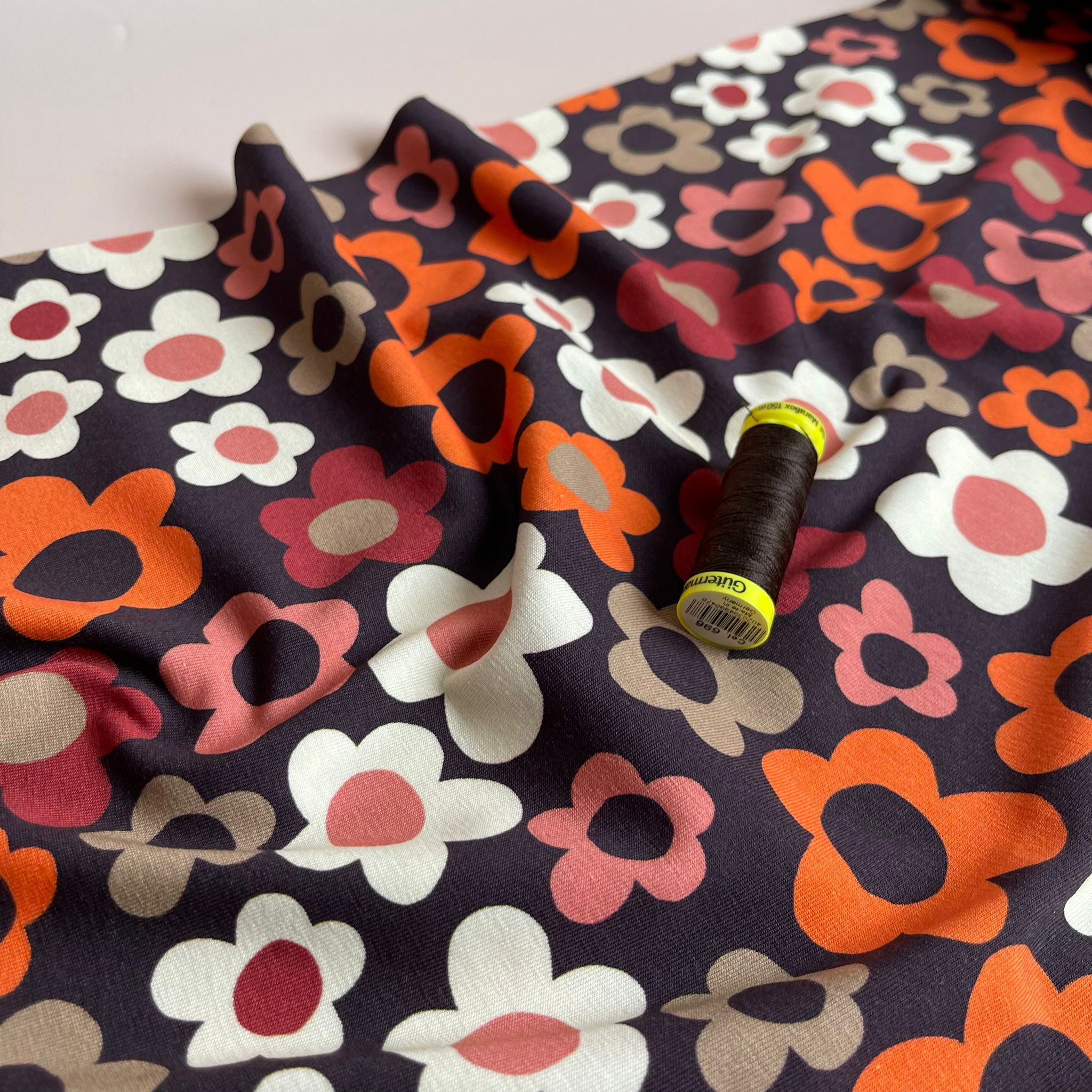 Danish Design - Pop Flowers on Brown Cotton Jersey Fabric