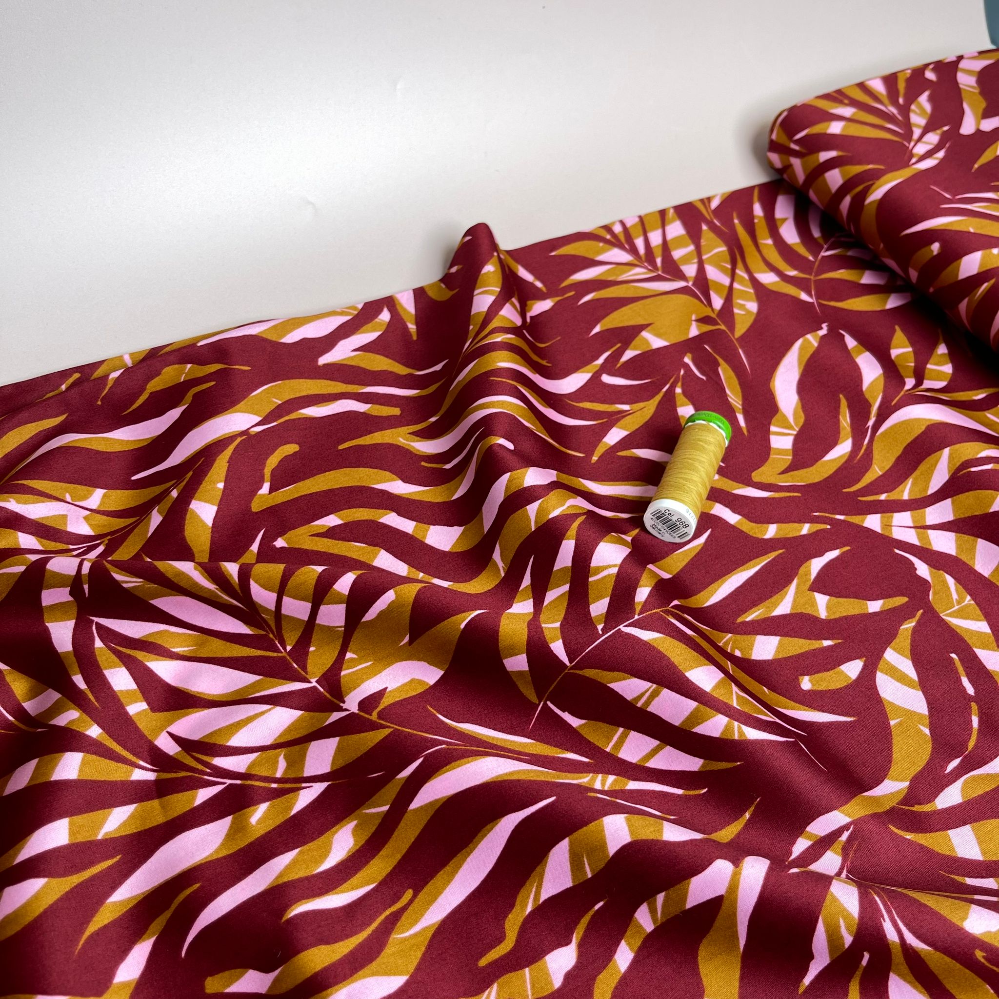 REMNANT 2.06 Metres - Shaded Foliage in Burgundy Cotton Sateen Fabric