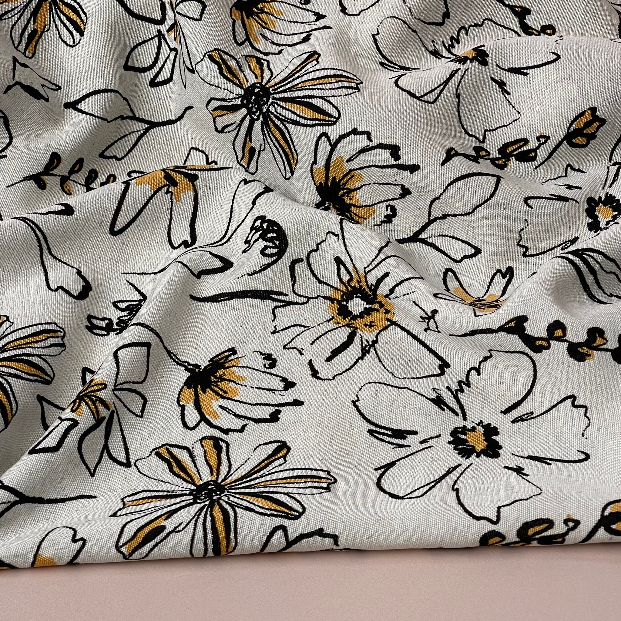 REMNANT 1.56 Metres - Sketched Flowers Yellow Viscose Linen Fabric