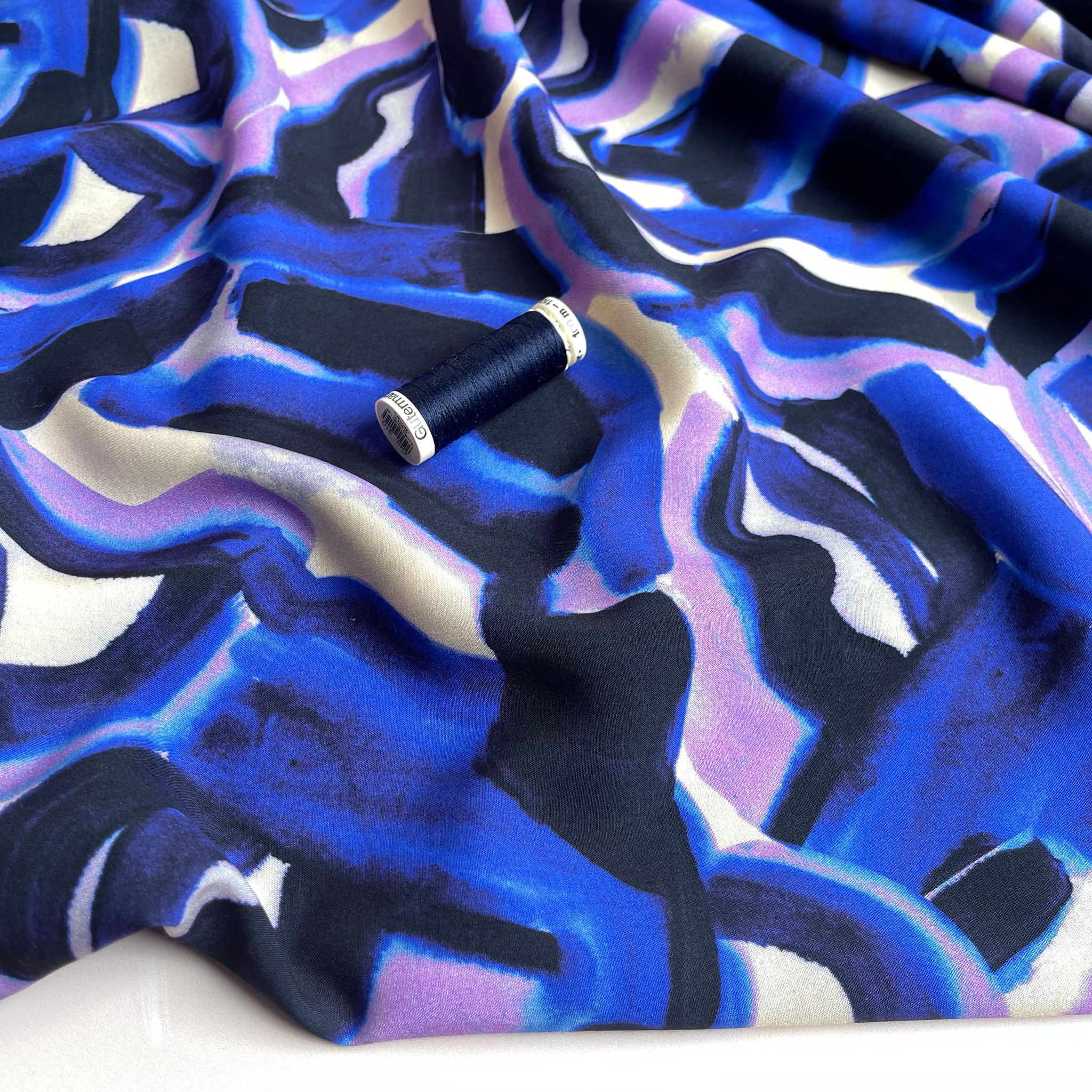 REMNANT 0.9 Metre (pulled stitch and area with dye missing ) Abstract Navy and Lilac Viscose Fabric