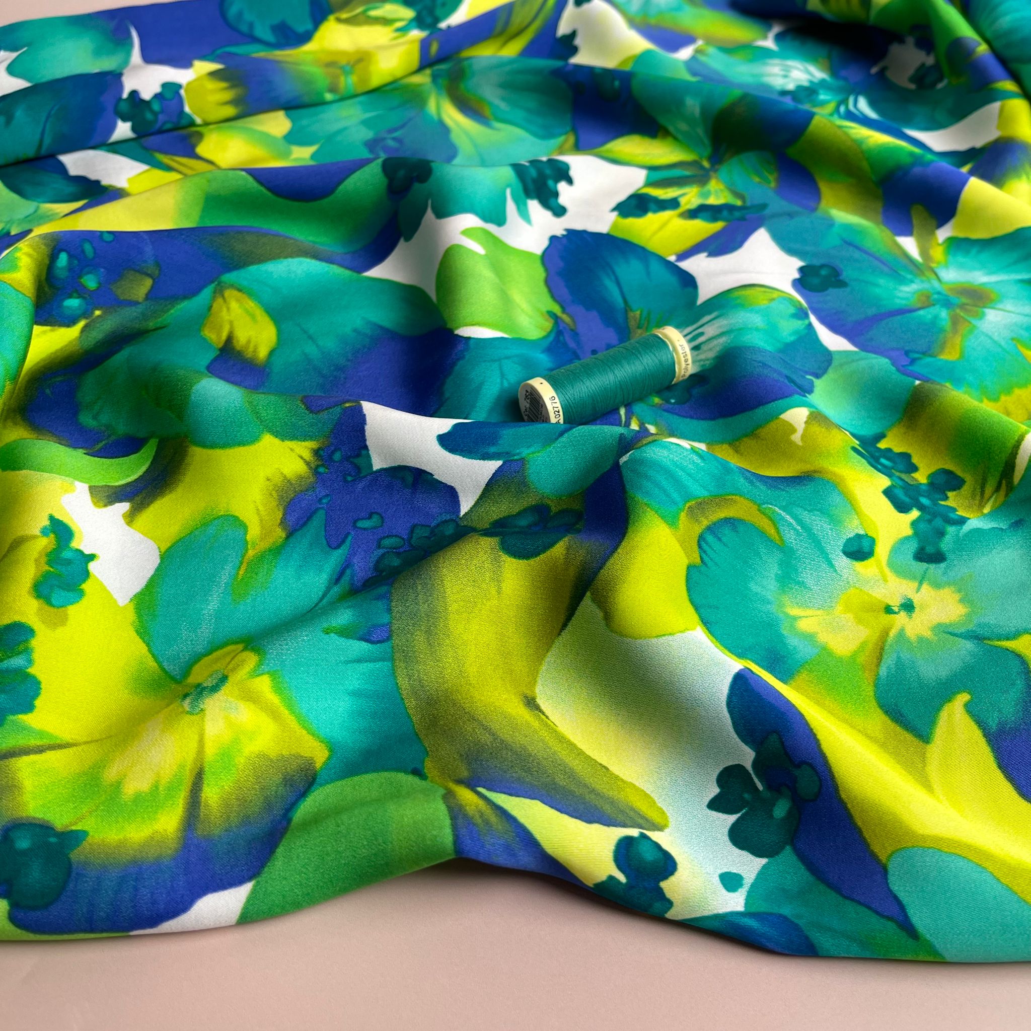 REMNANT 2.96 Metres - Vibrant Blooms in Cobalt and Lime Viscose Sateen Fabric