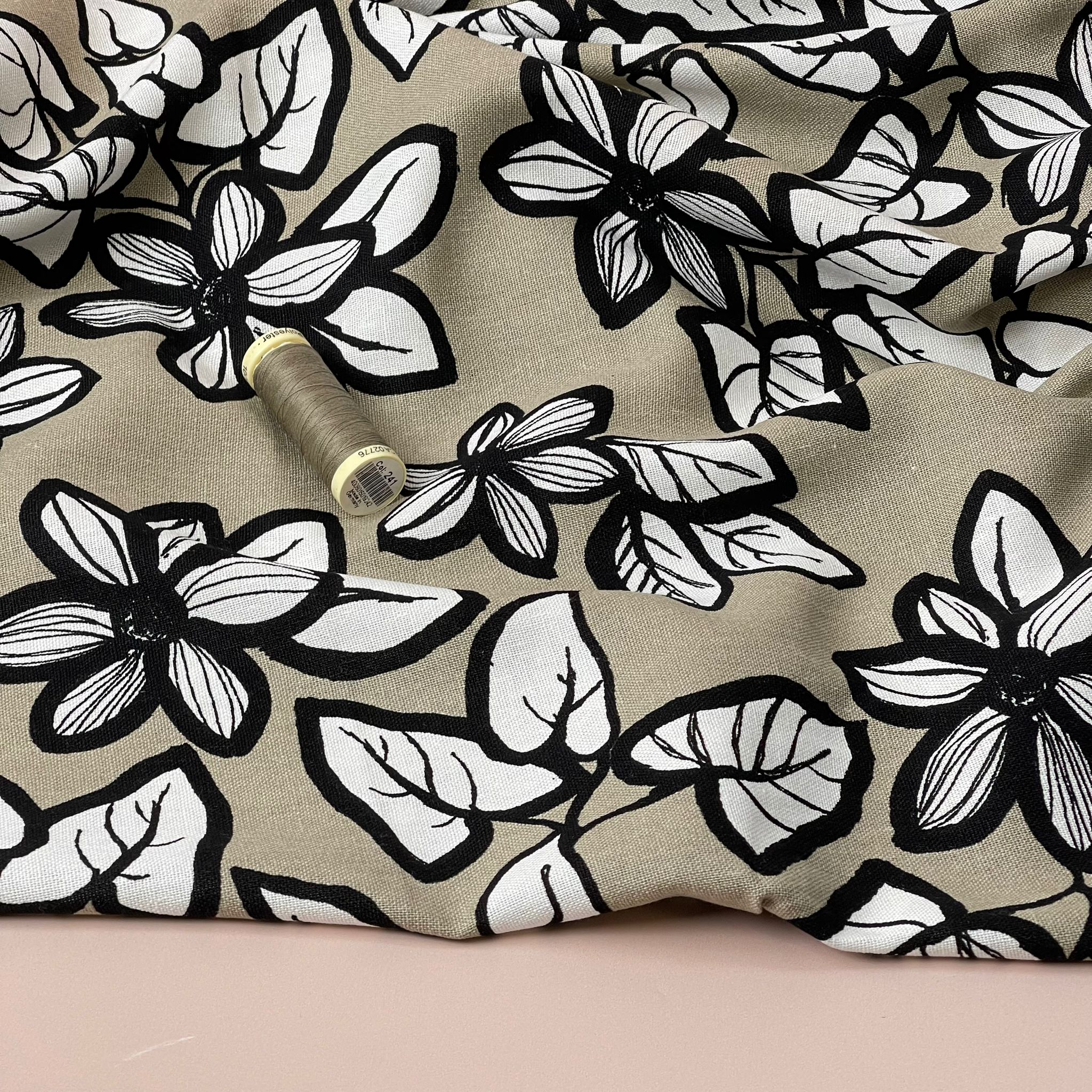 Monochrome Flowers on Taupe Viscose Linen Fabric