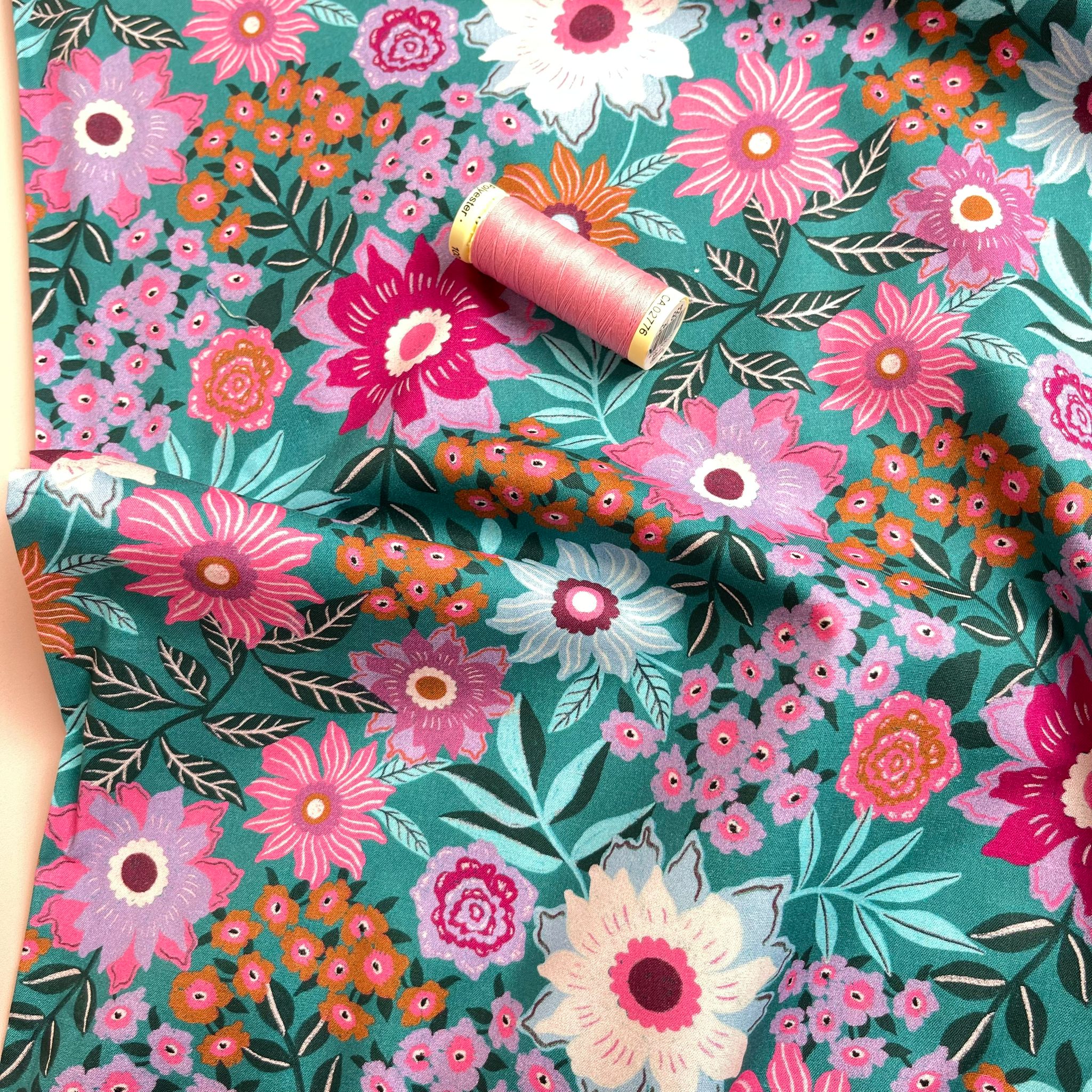 REMNANT 2.12 Metres - Flowers on Teal Cotton Poplin Fabric