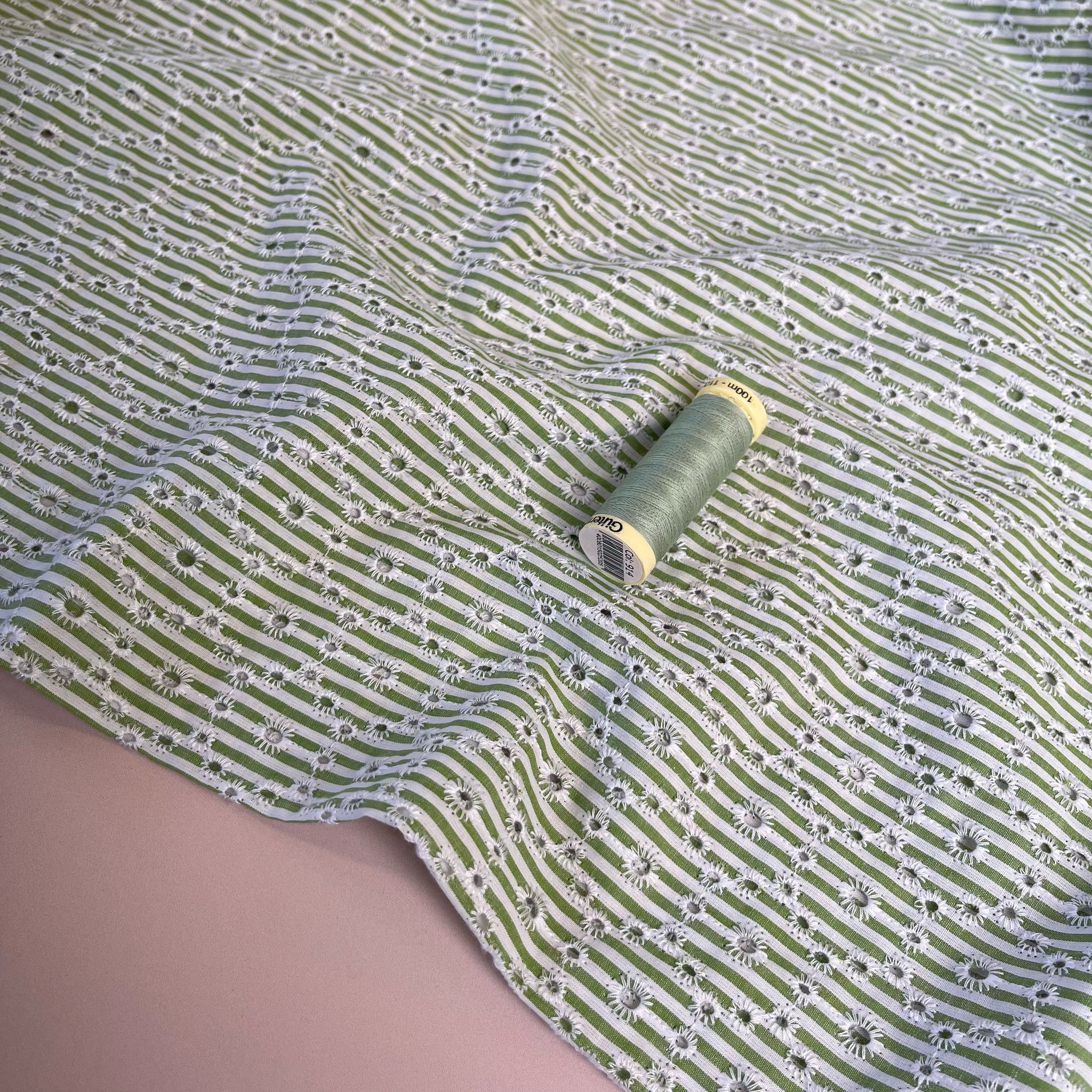 Spring Green Striped Broderie Anglaise Cotton Fabric